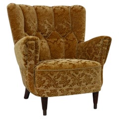Sillón Art Decó danés de terciopelo amarillo dorado, años 40.