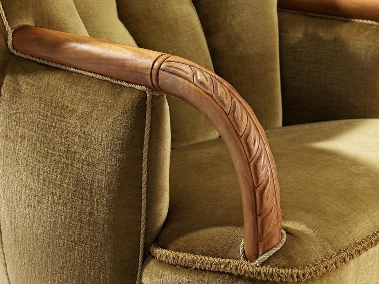 Danish Art Deco Lounge Chair in Olive Green Velvet and Elm For Sale at