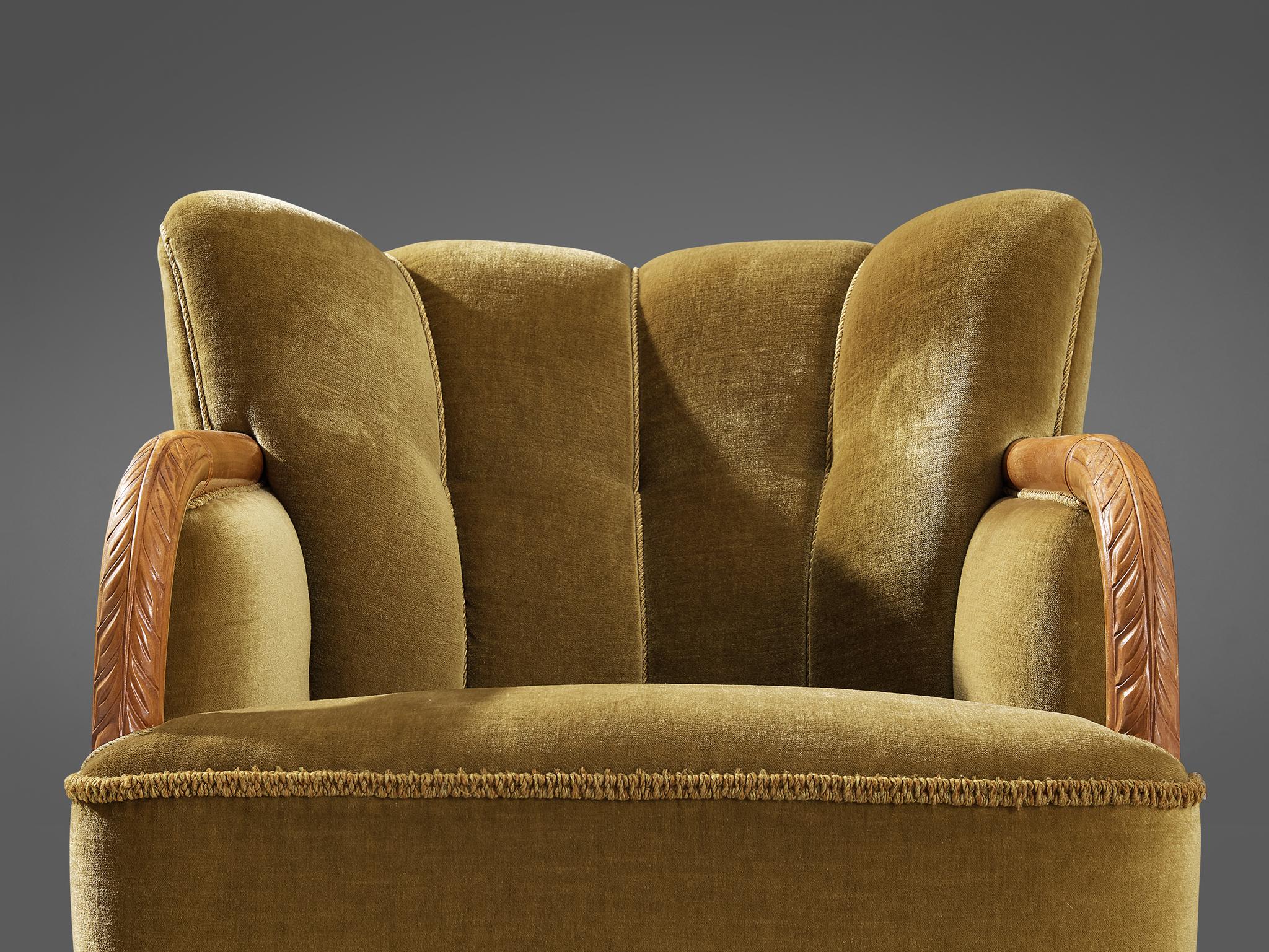 Danish Art Deco Lounge Chair in Olive Green Velvet and Elm For Sale 2