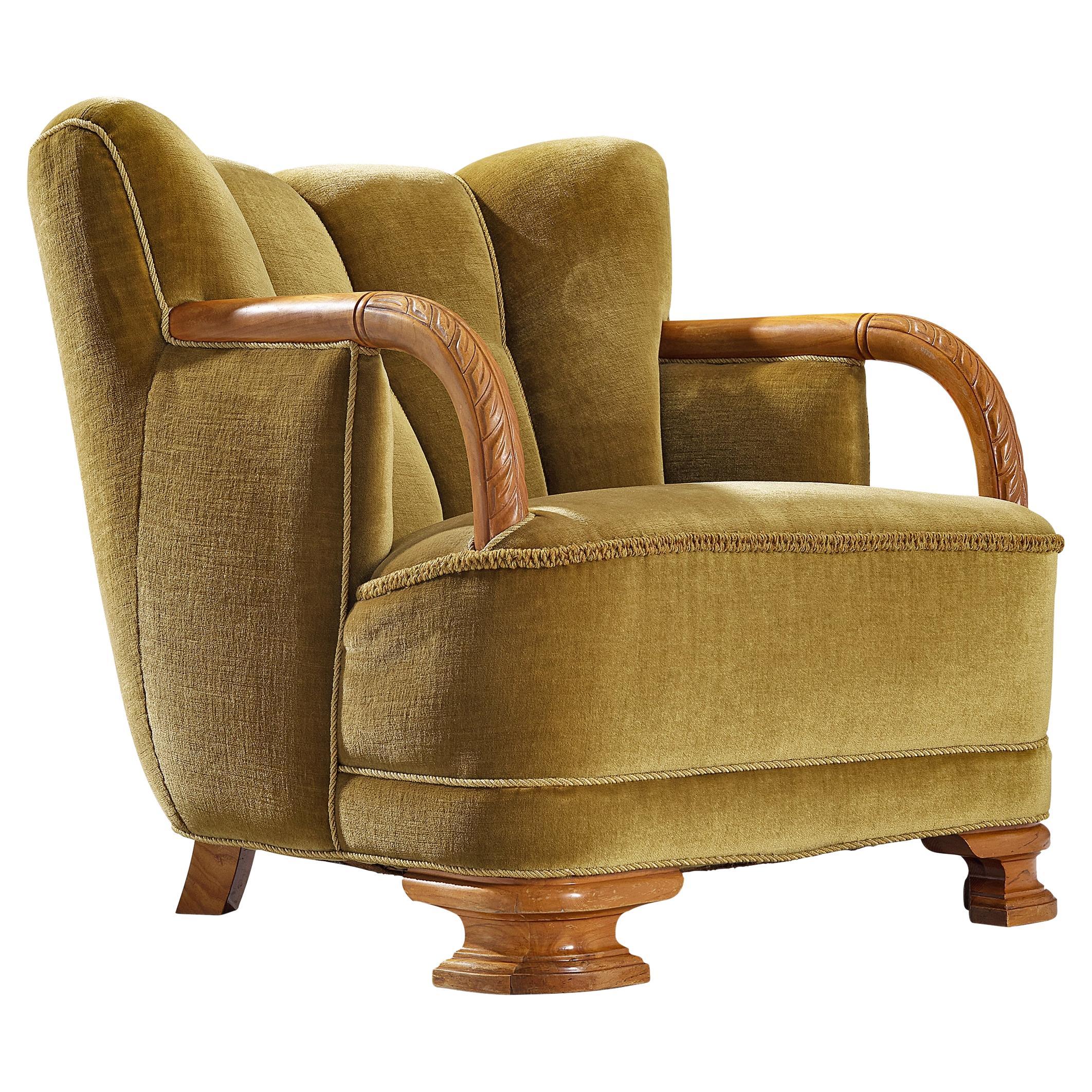 Danish Art Deco Lounge Chair in Olive Green Velvet and Elm For Sale