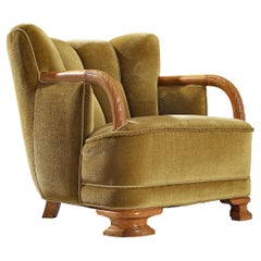 Vintage Danish Art Deco Lounge Chair in Olive Green Velvet and Elm