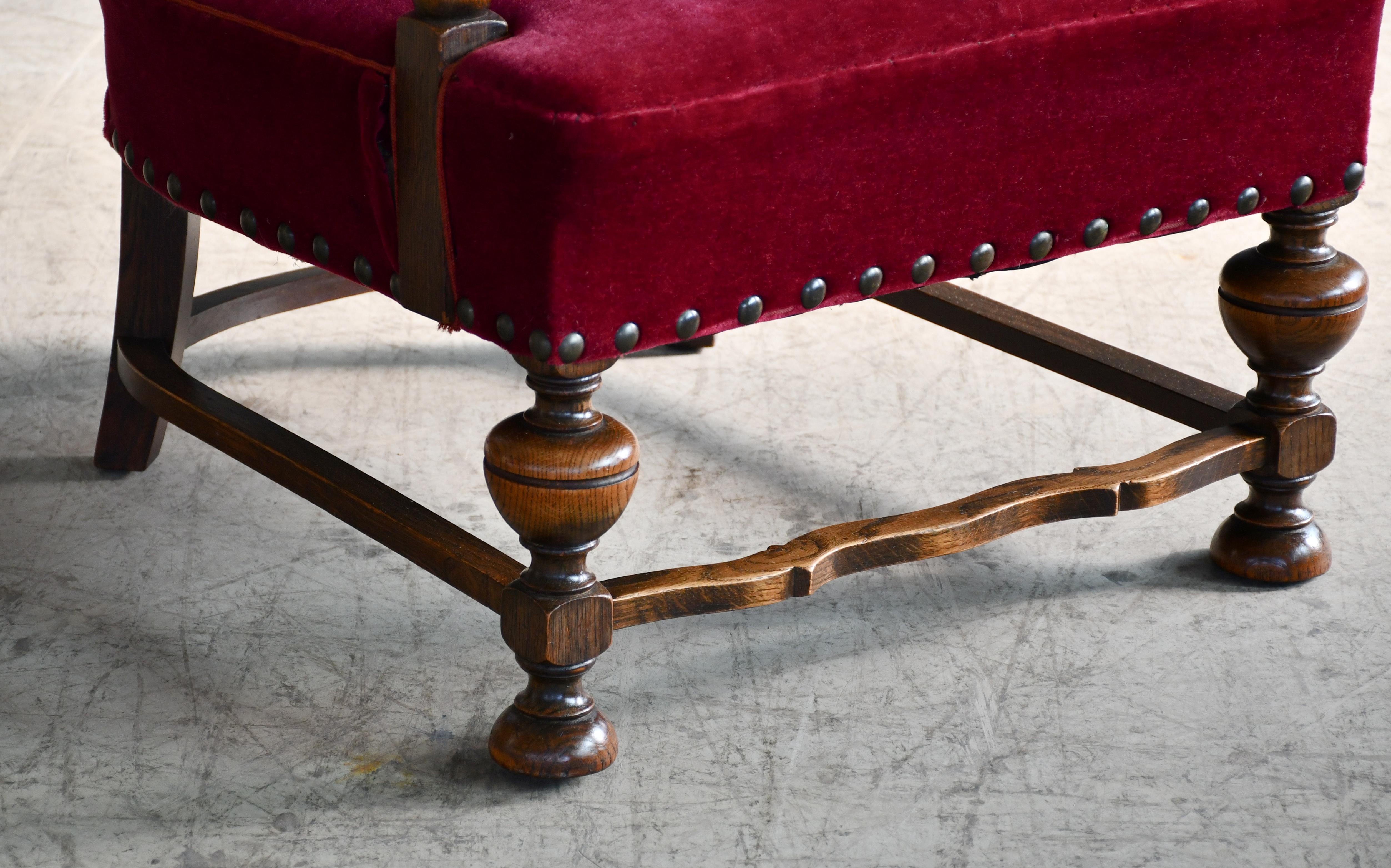 Danish Art Deco Lounge Chair in Red Mohair and Fancy Carved Oak, 1930's For Sale 6