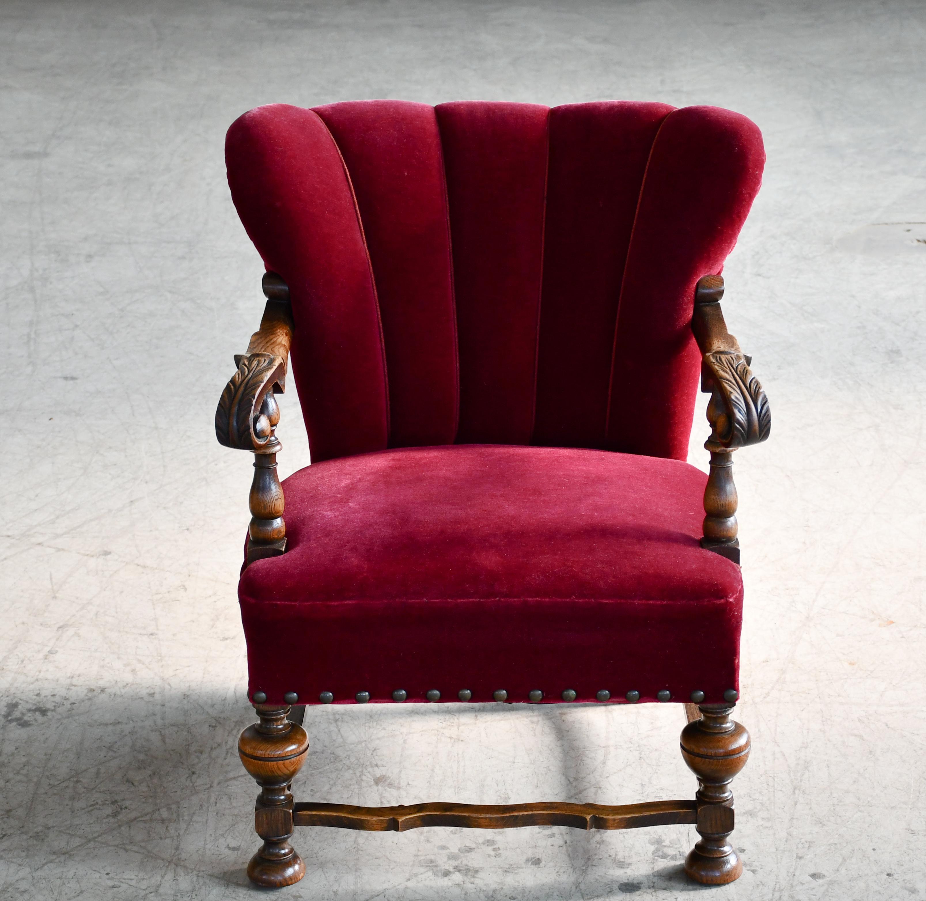 Danish Art Deco Lounge Chair in Red Mohair and Fancy Carved Oak, 1930's In Good Condition For Sale In Bridgeport, CT