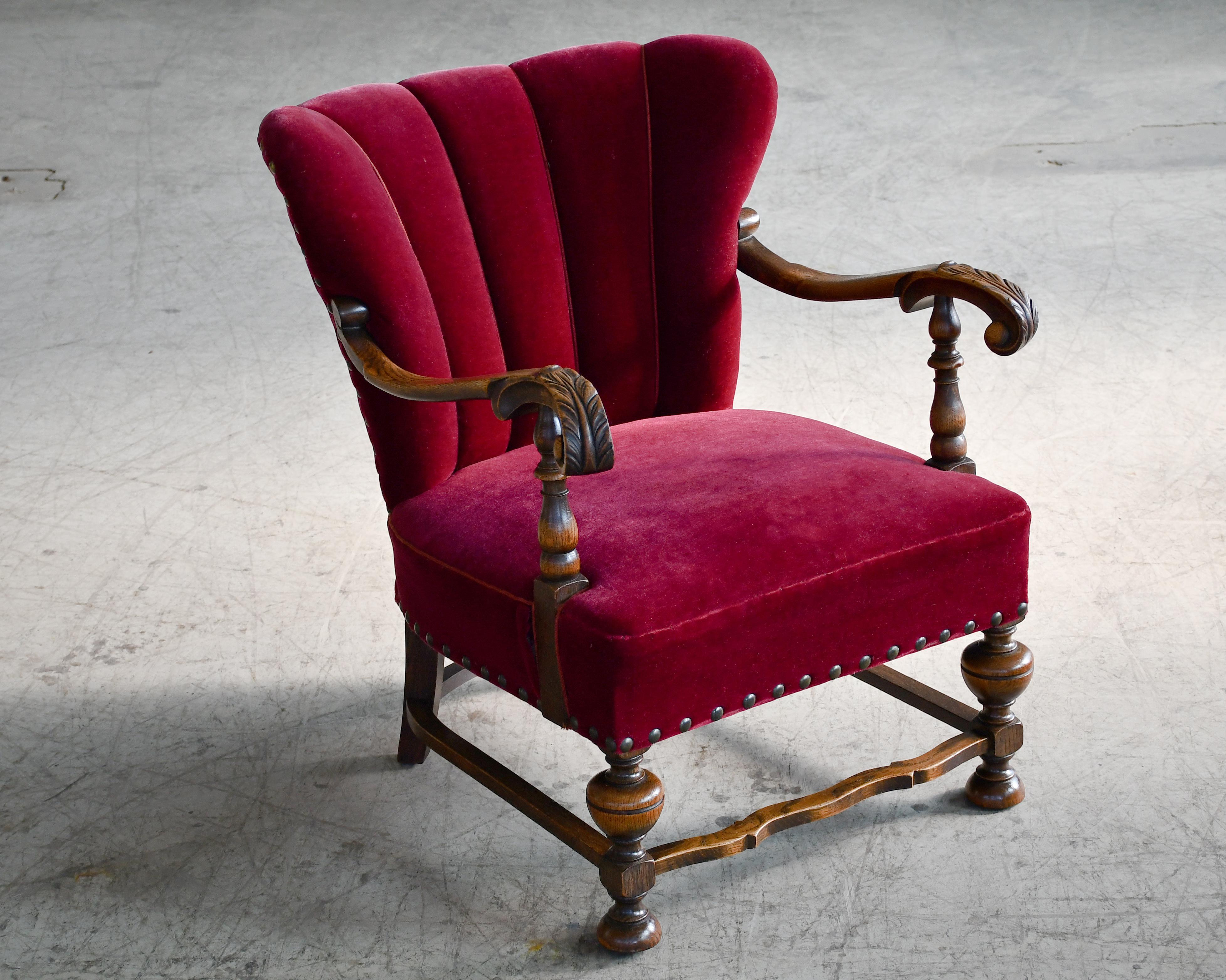Mid-20th Century Danish Art Deco Lounge Chair in Red Mohair and Fancy Carved Oak, 1930's For Sale