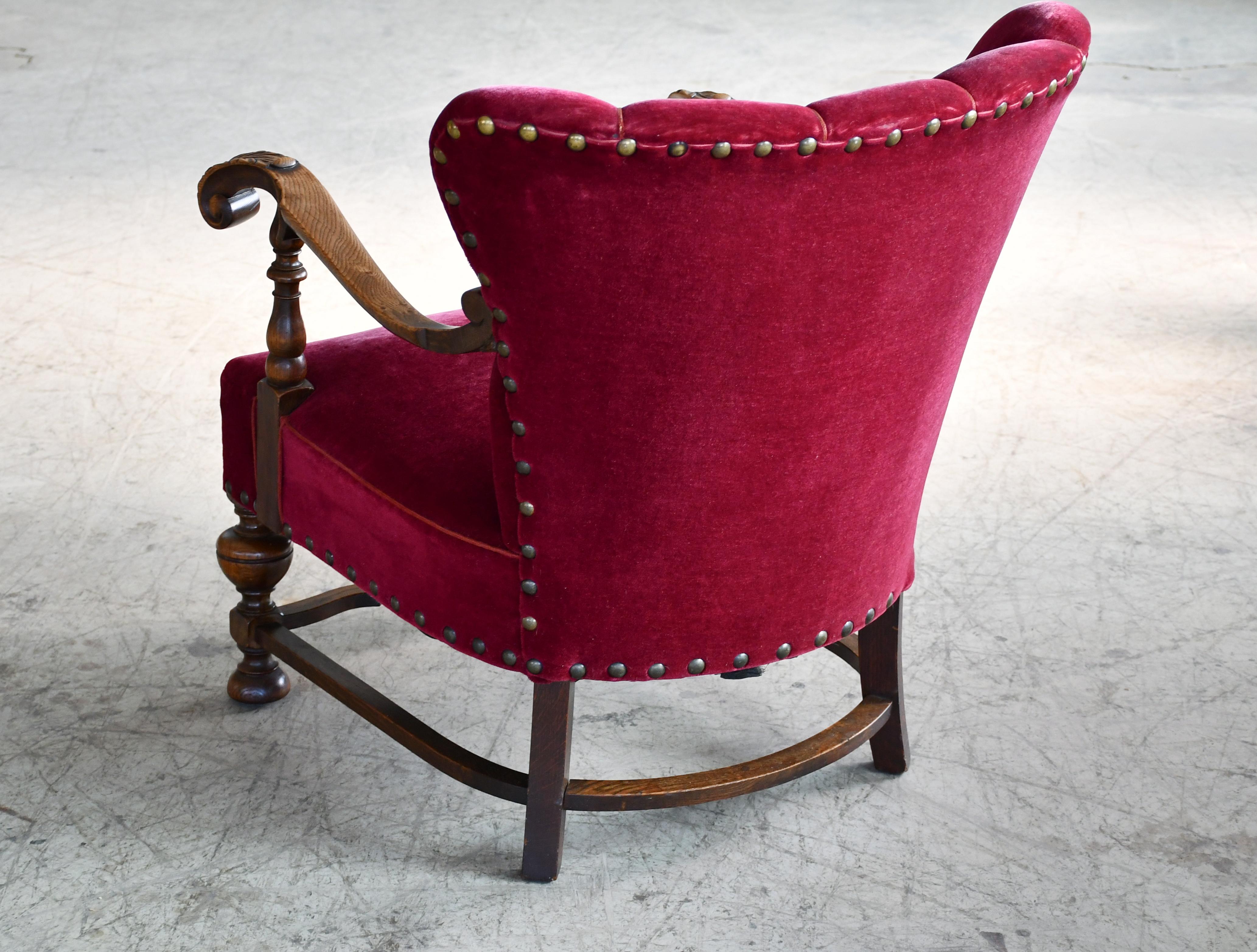 Danish Art Deco Lounge Chair in Red Mohair and Fancy Carved Oak, 1930's For Sale 3