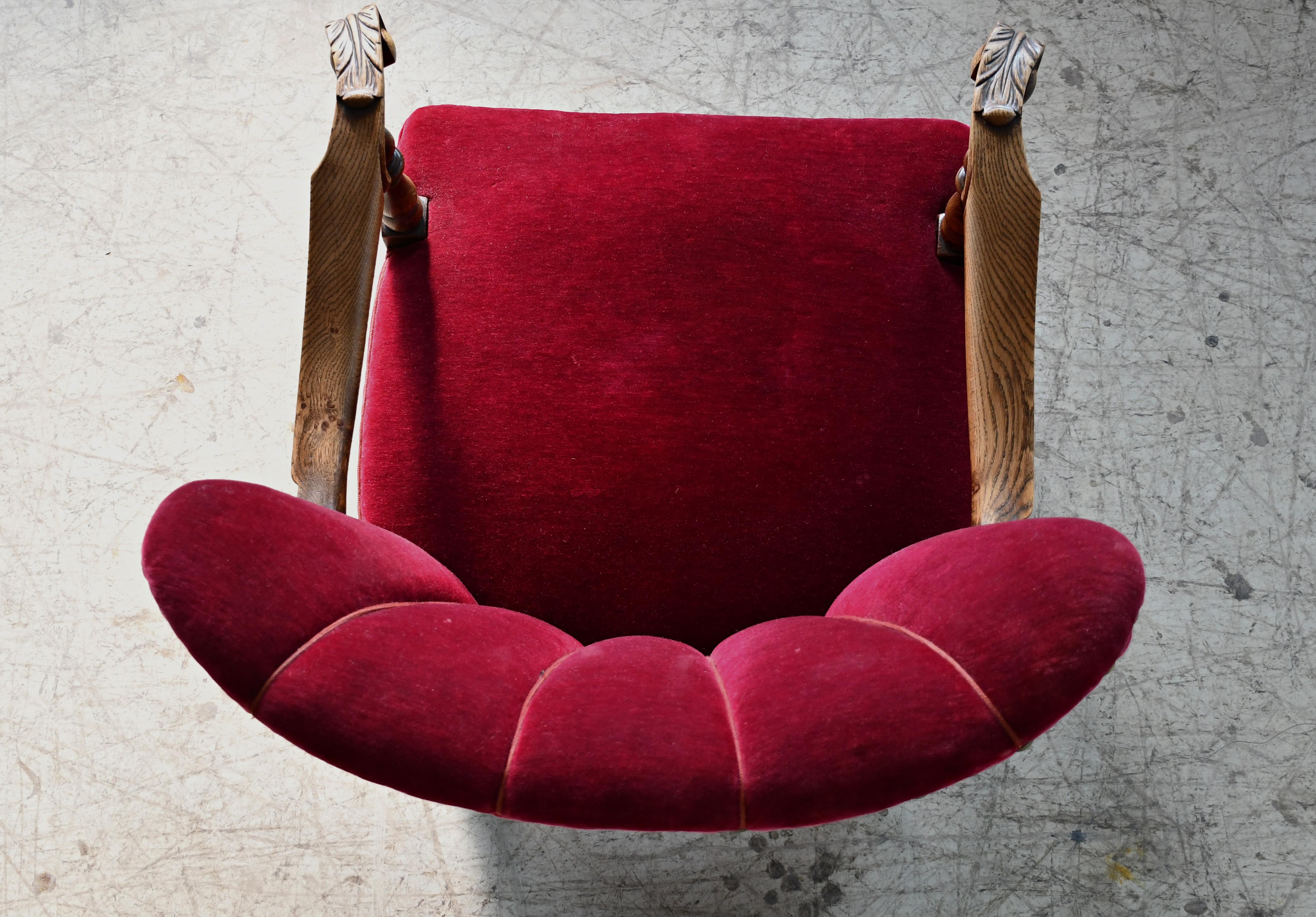 Danish Art Deco Lounge Chair in Red Mohair and Fancy Carved Oak, 1930's For Sale 5