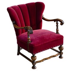 Danish Art Deco Lounge Chair in Red Mohair and Fancy Carved Oak, 1930's
