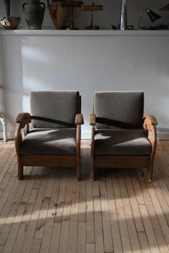 Danish Art Deco Lounge Chairs, Carved Wood & Grey Mohair, Circa 1940