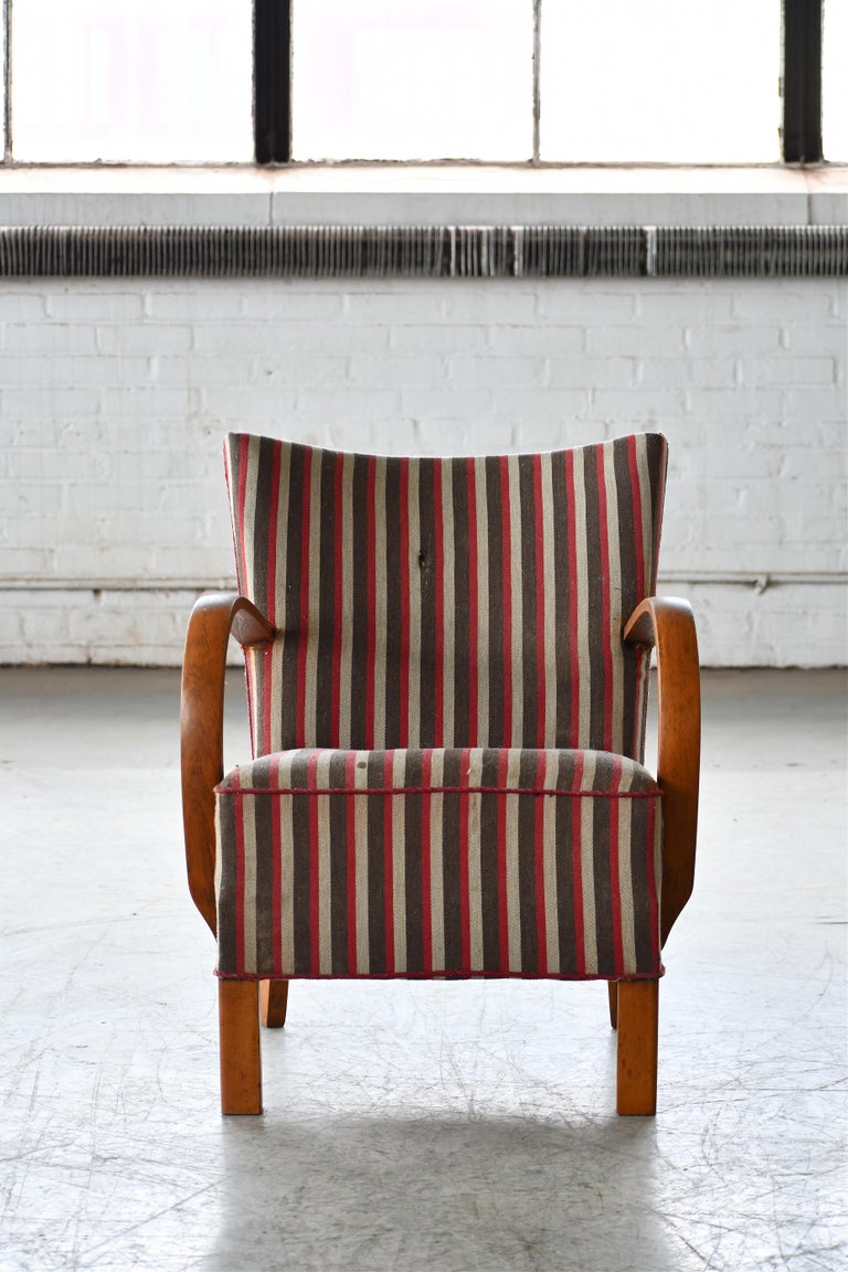 View of Danish Art Deco Low Lounge Chair with Open Armrests in Maple, 1940s For ...