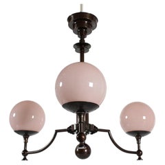 Danish Art Deco LYFA 3-armed Chandelier Patinated Brass Light Rose Glass 1930s