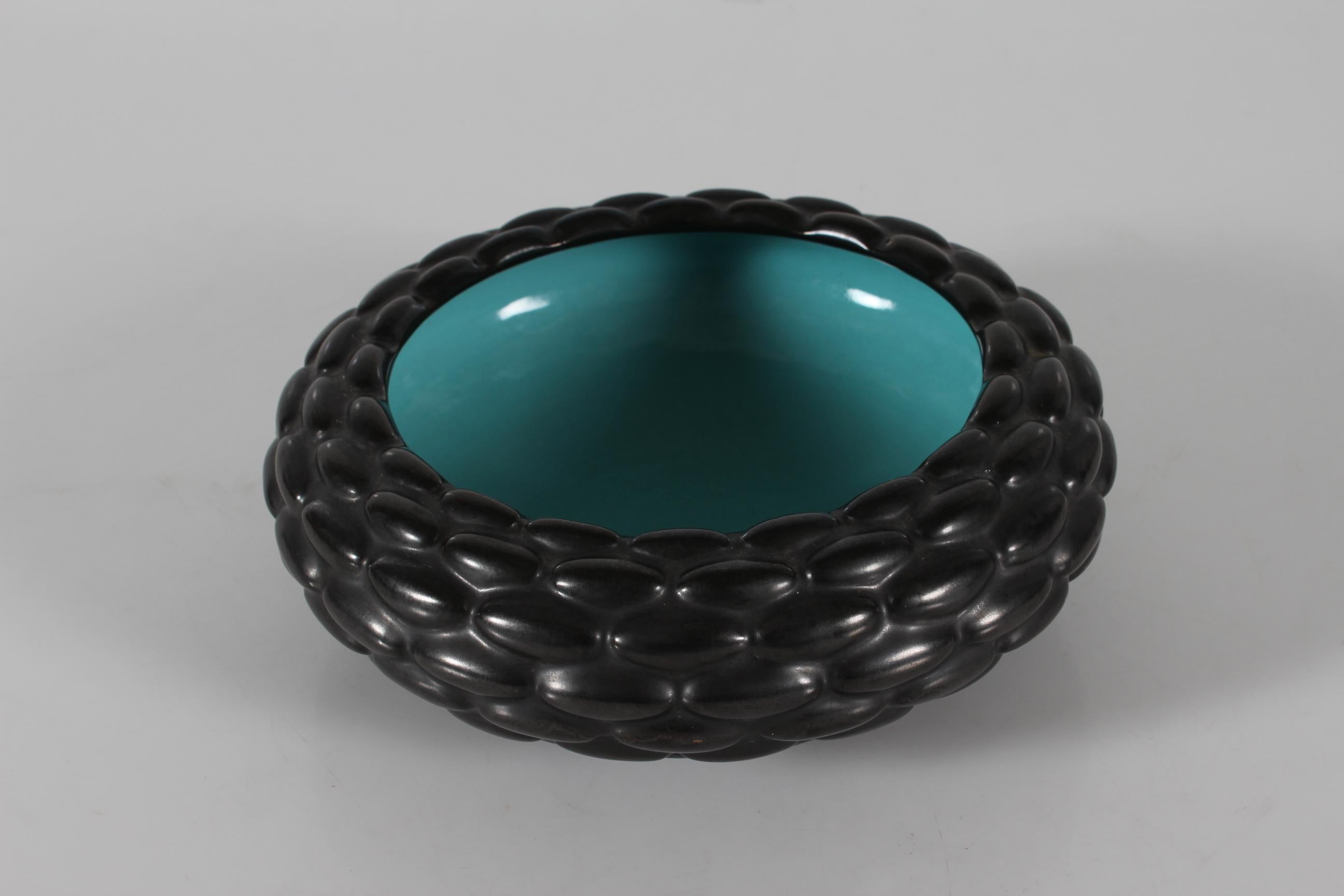 20th Century Danish Art Deco Michael Andersen & Søn Budding Style Bowl Black & Turquoise For Sale