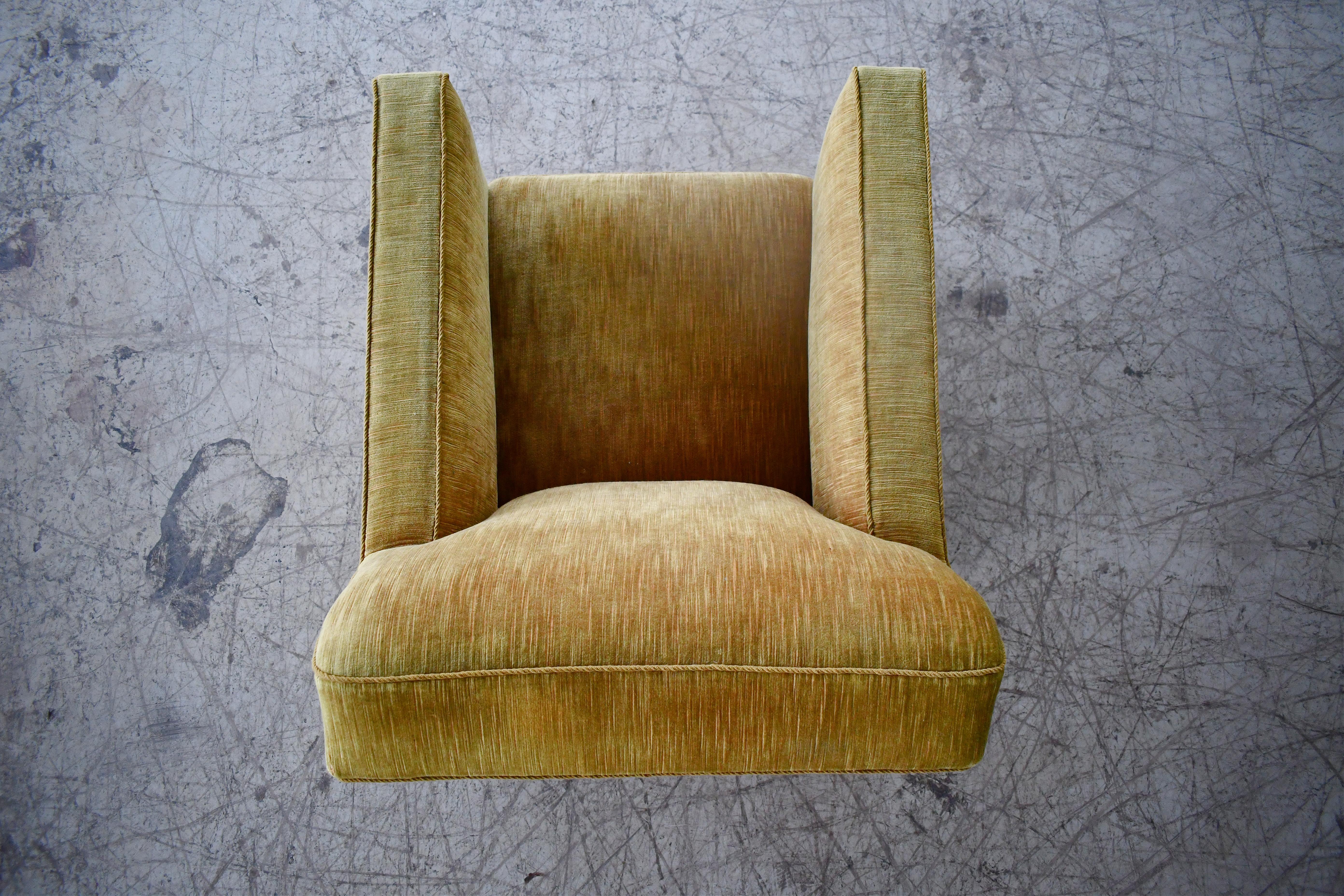 Danish Art Deco Midcentury Low Lounge or Club Chair in Gold Mohair, 1940s 4