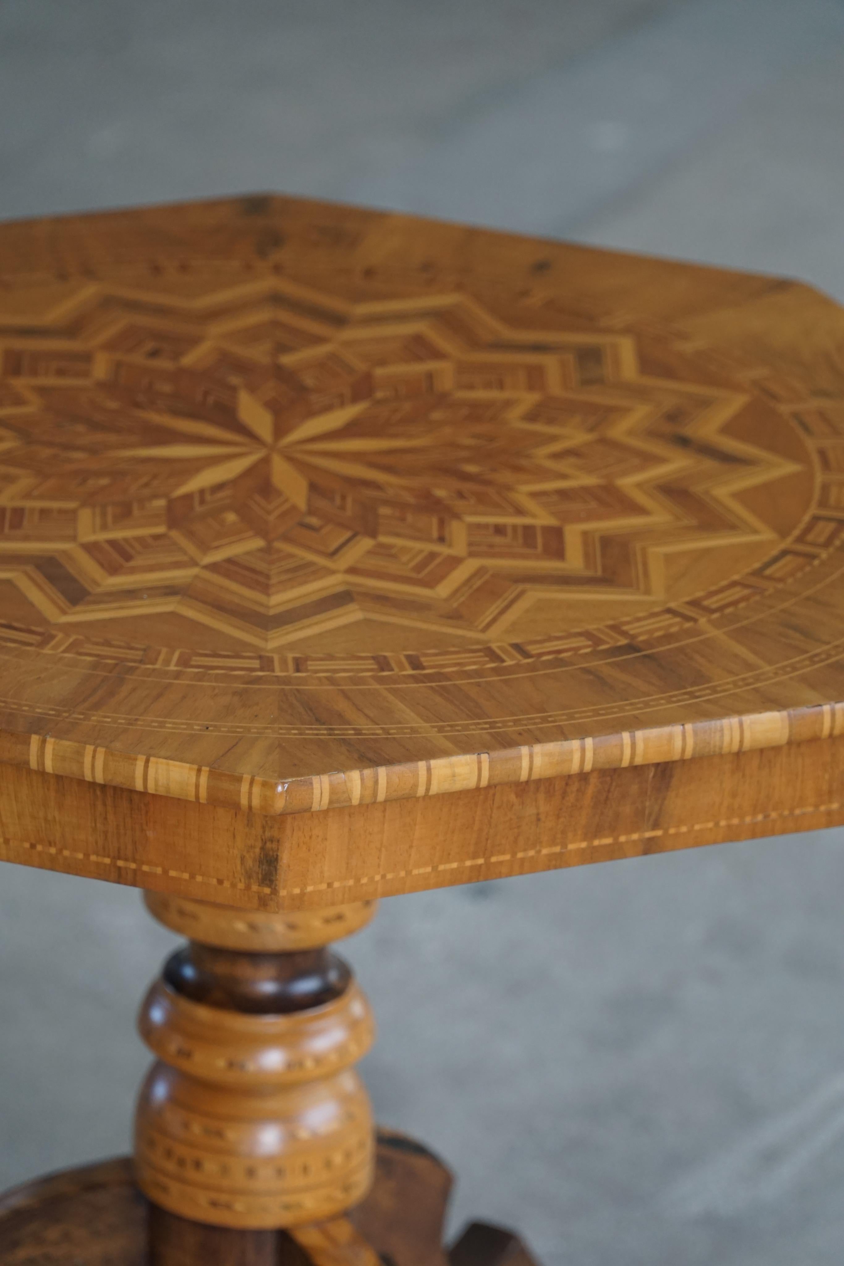Danish Art Deco, Octagon Side Table in Birch With Intarsia Top, 1940s For Sale 11