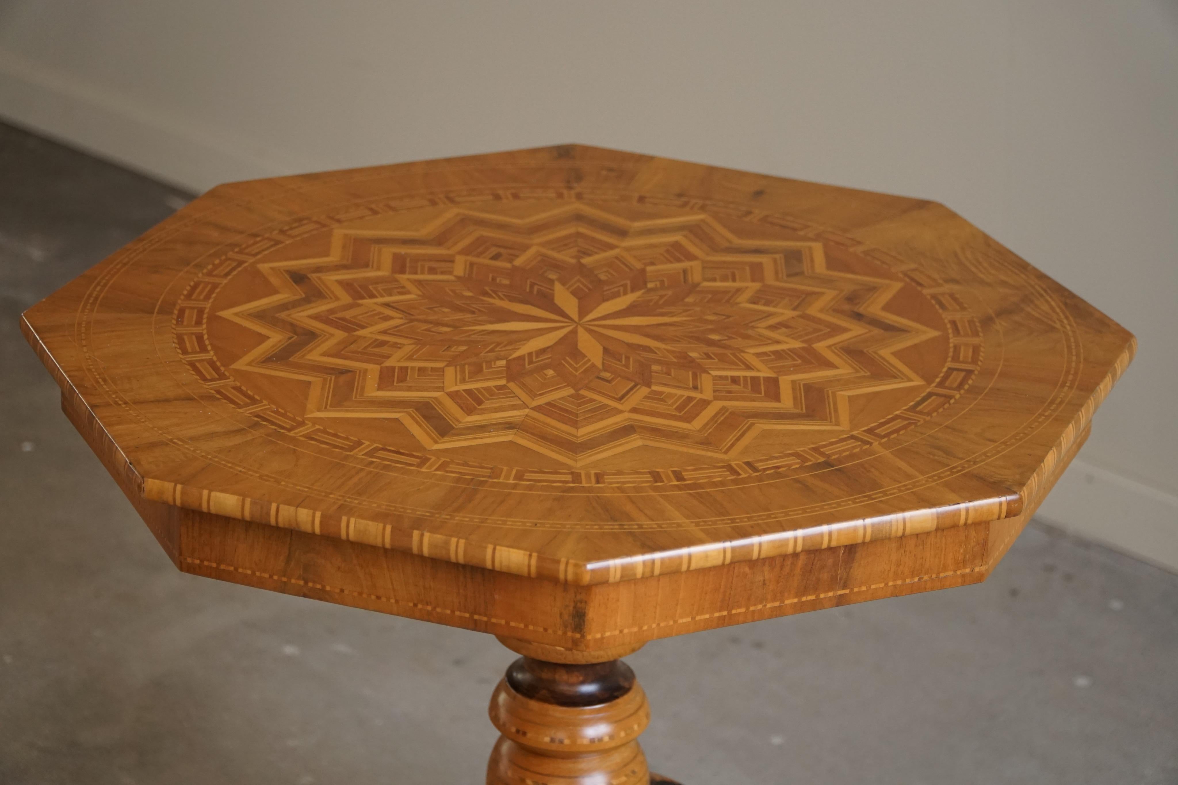 20th Century Danish Art Deco, Octagon Side Table in Birch With Intarsia Top, 1940s For Sale