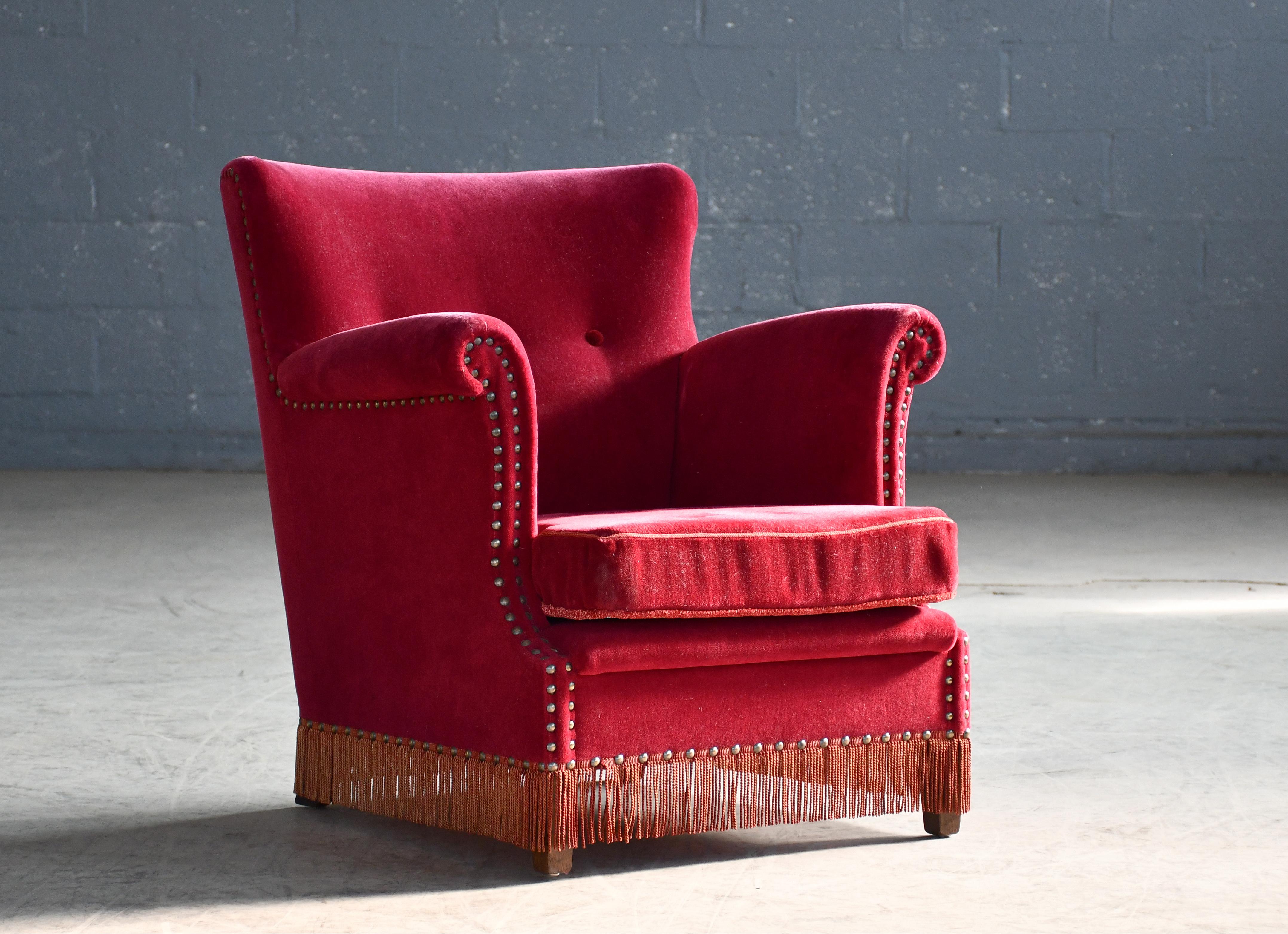 Danish Art Deco or Early Midcentury Club or Lounge Chair in Red Mohair Ca. 1950 In Good Condition For Sale In Bridgeport, CT