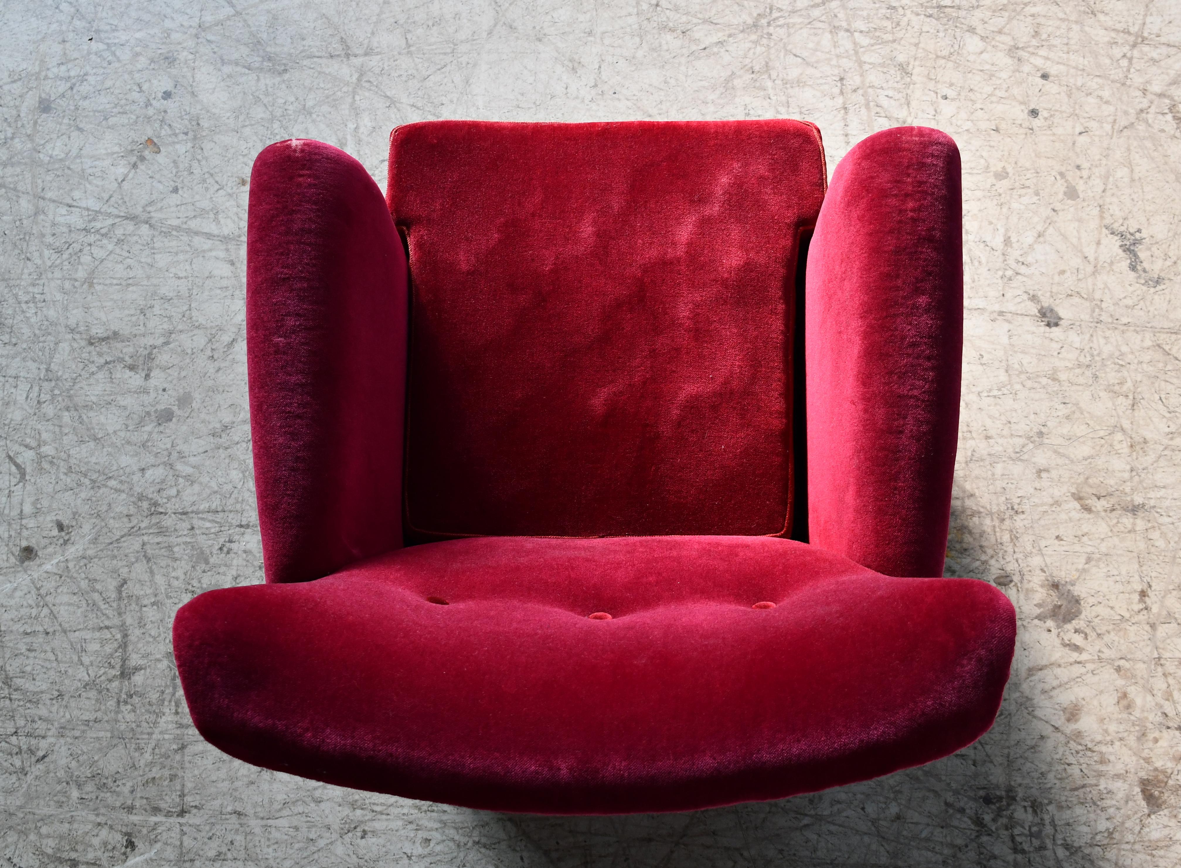 Danish Art Deco or Early Midcentury Club or Lounge Chair in Red Mohair Ca. 1950 For Sale 1