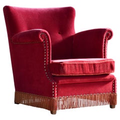 Dänischer Art Deco oder früher Midcentury Club oder Lounge Chair aus rotem Mohair Ca. 1950