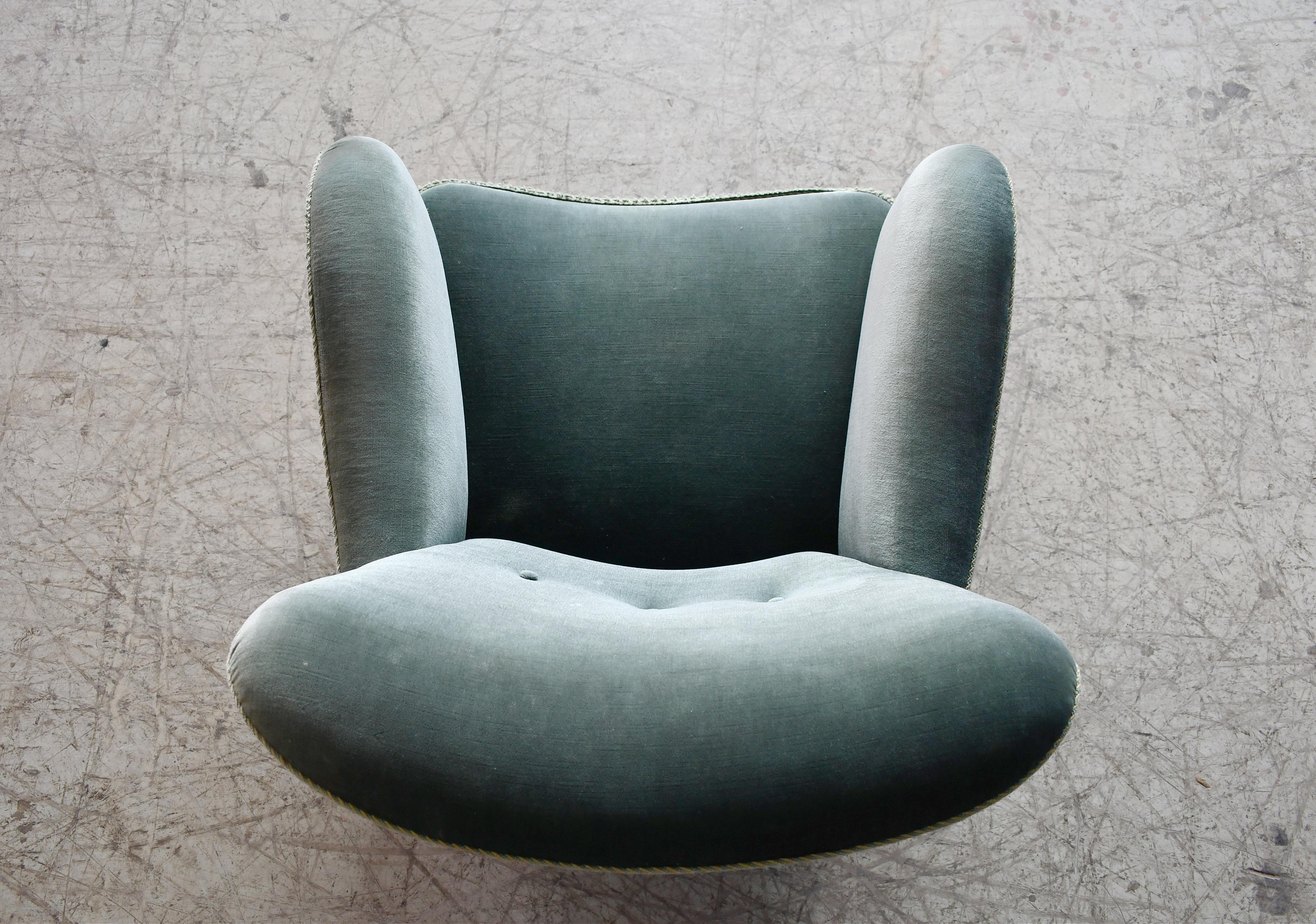 Danish Art Deco or Early Midcentury Lounge Chair in Green Mohair 1930-40s For Sale 5