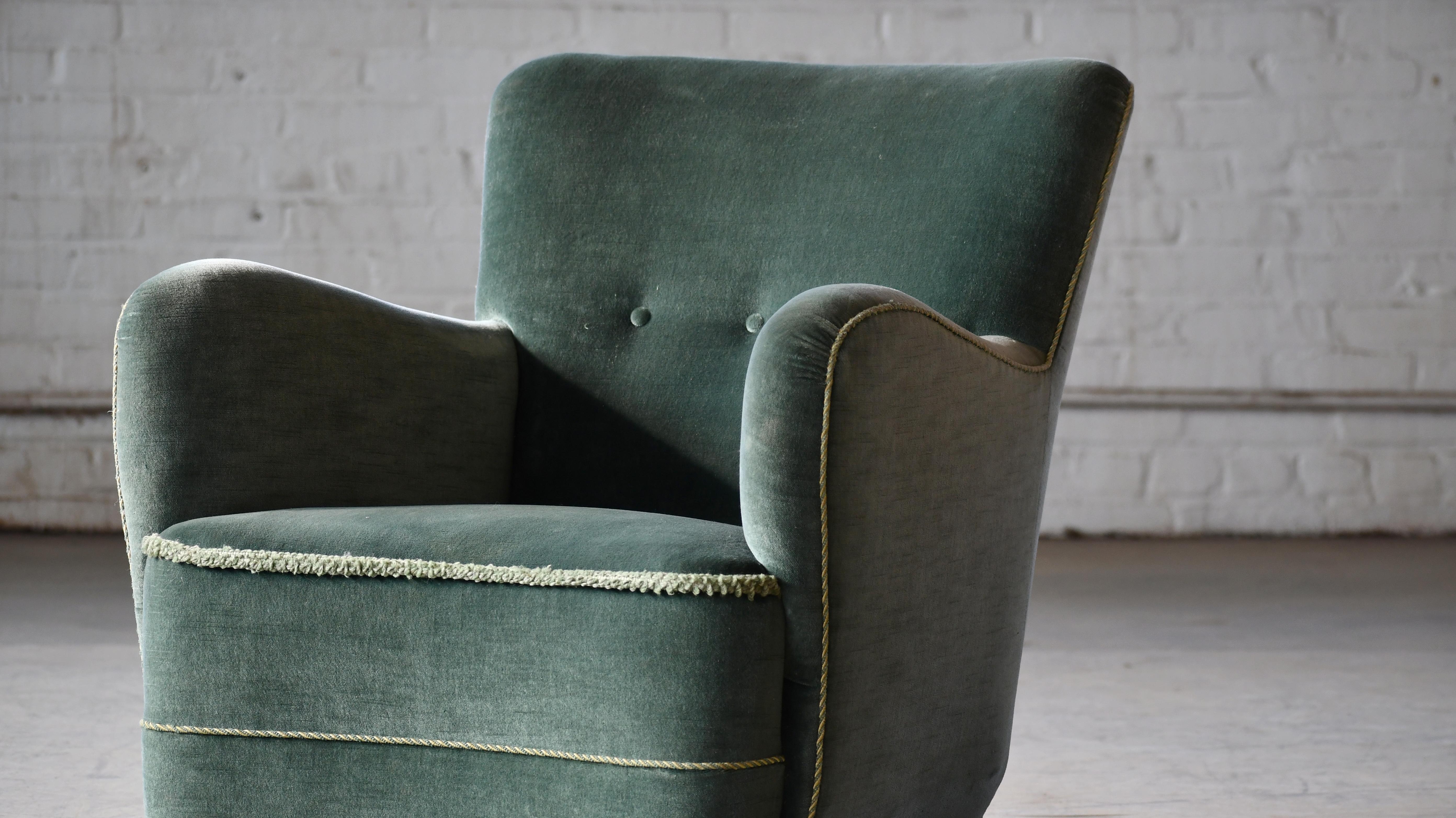 Mid-Century Modern Danish Art Deco or Early Midcentury Lounge Chair in Green Mohair 1930-40s