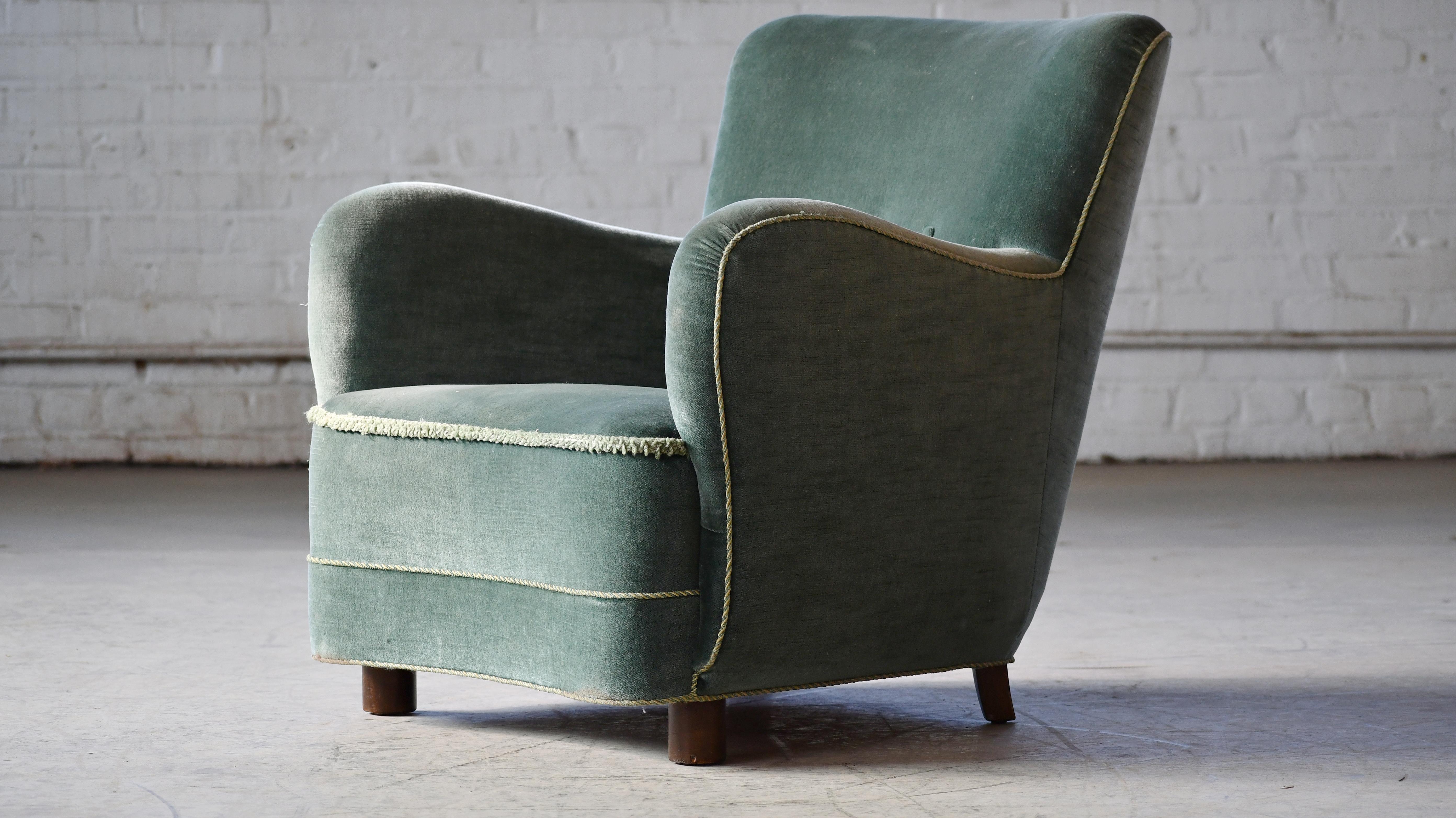 Mid-20th Century Danish Art Deco or Early Midcentury Lounge Chair in Green Mohair 1930-40s For Sale