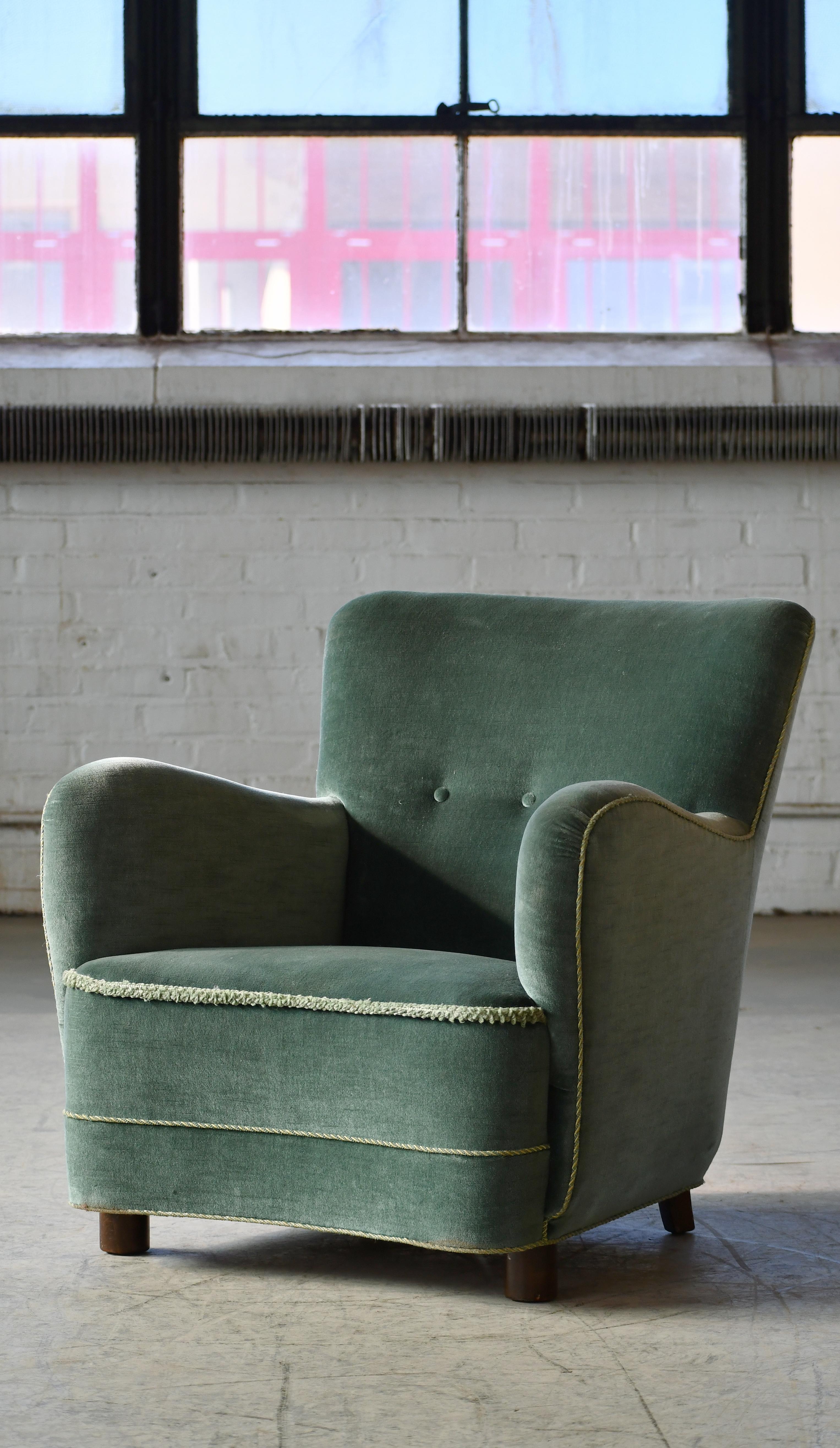 Beech Danish Art Deco or Early Midcentury Lounge Chair in Green Mohair 1930-40s
