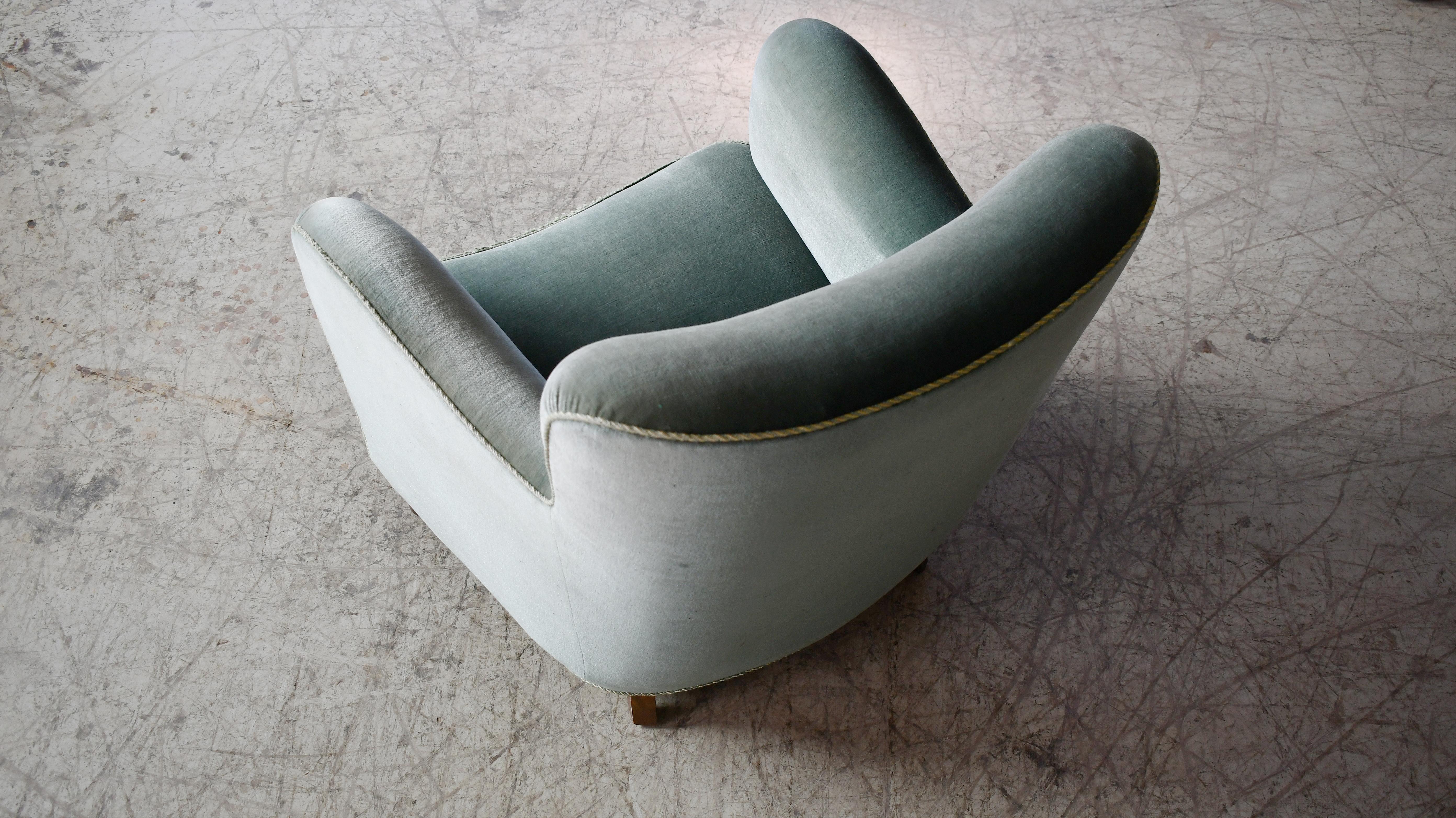 Danish Art Deco or Early Midcentury Lounge Chair in Green Mohair 1930-40s For Sale 1