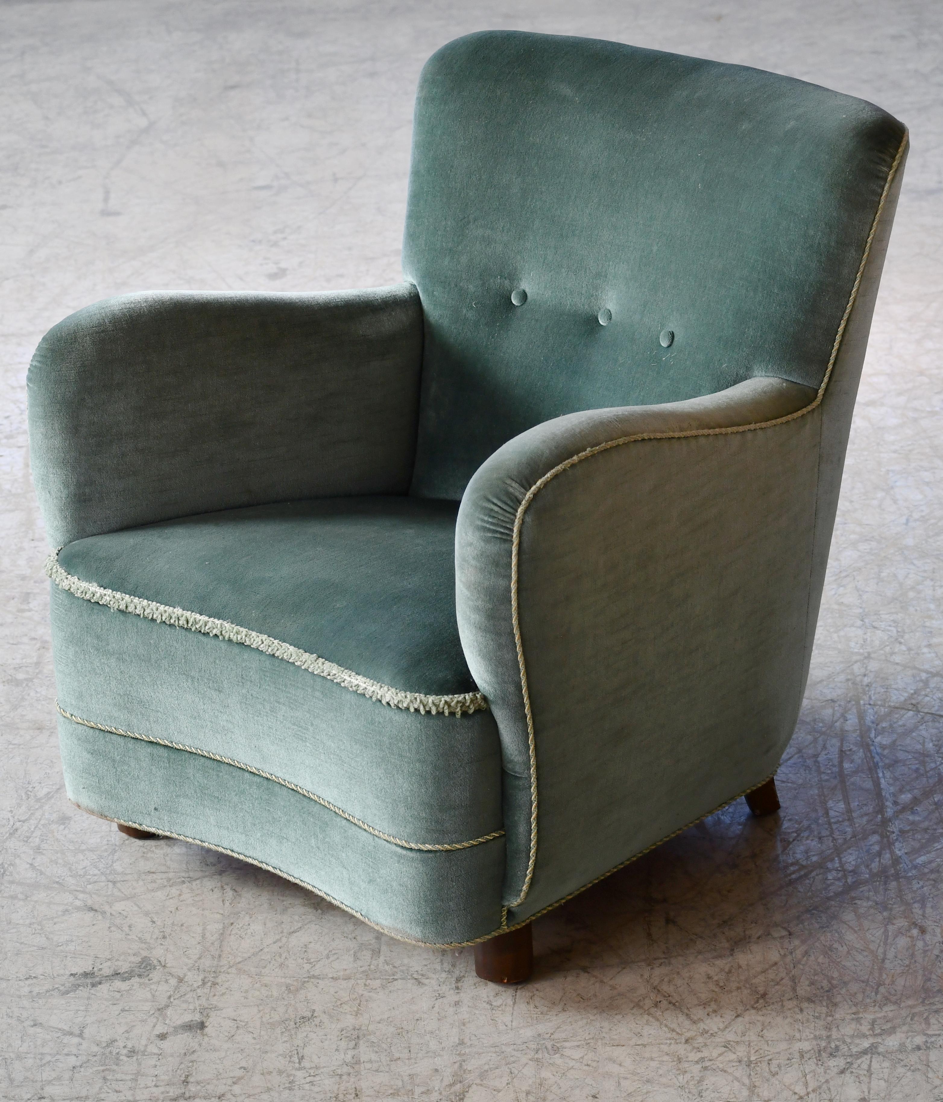 Danish Art Deco or Early Midcentury Lounge Chair in Green Mohair 1930-40s For Sale