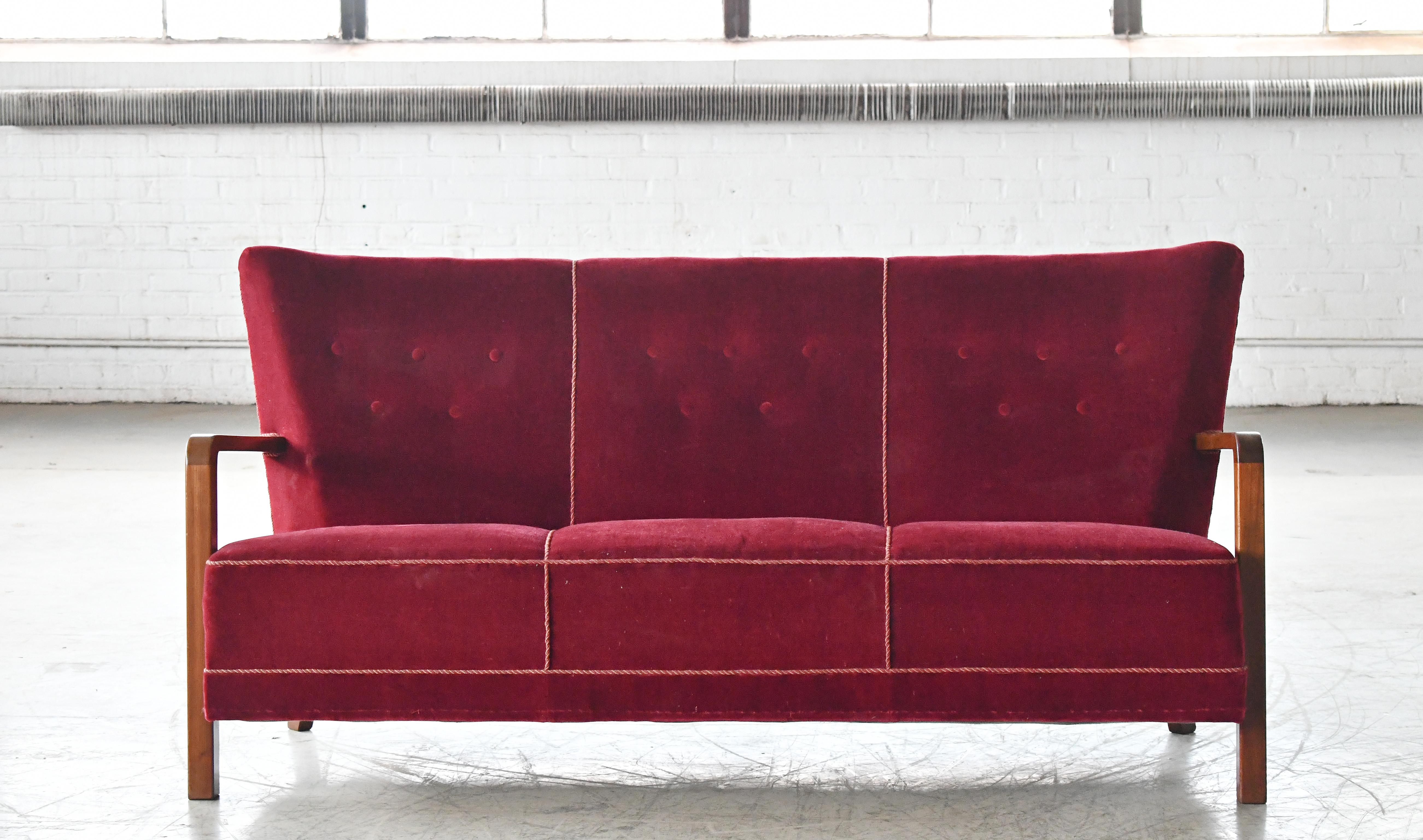 Danish Art Deco or Early Midcentury Sofa with Open Wooden Armrests, 1930's In Good Condition For Sale In Bridgeport, CT