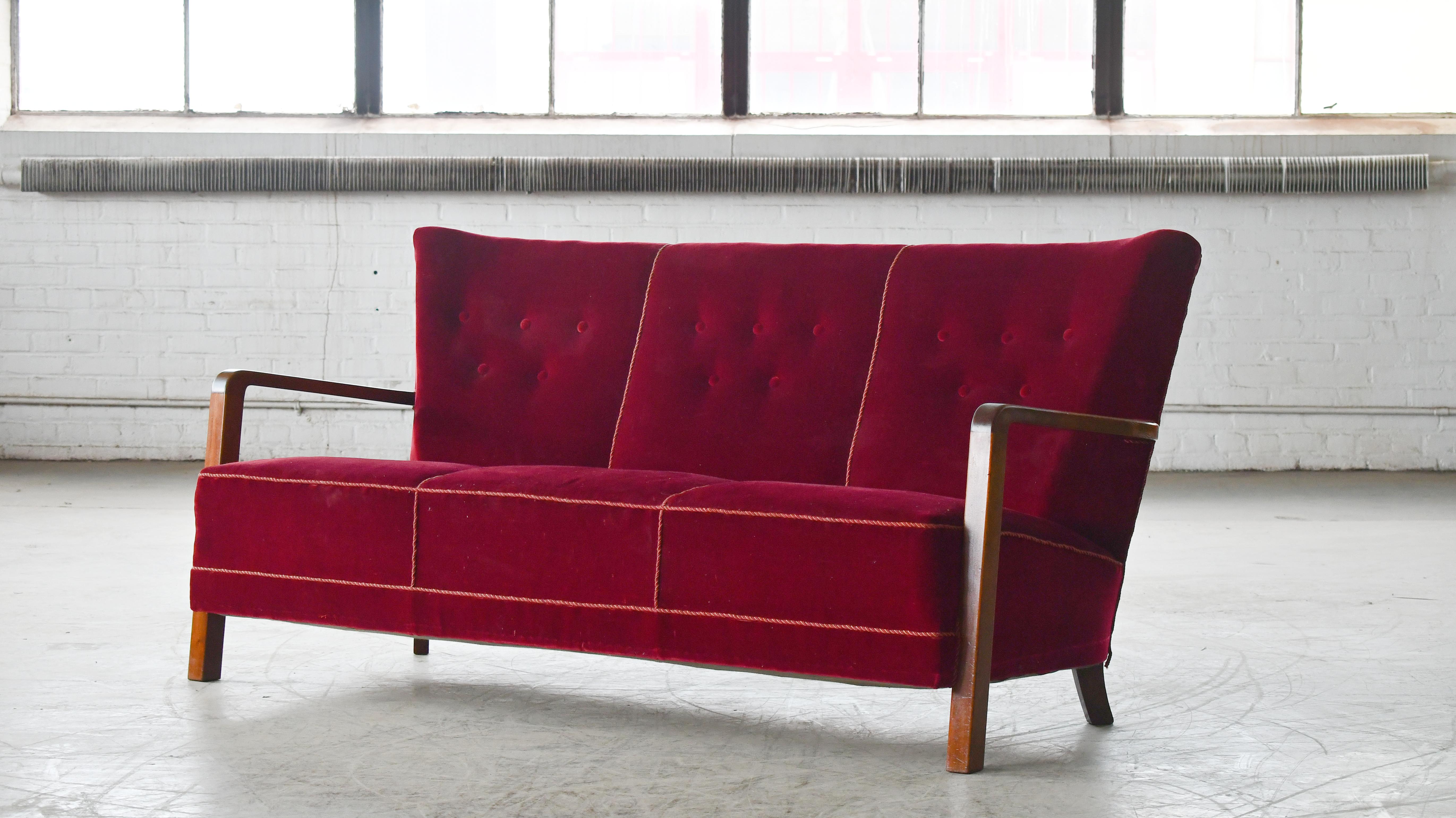 Mid-20th Century Danish Art Deco or Early Midcentury Sofa with Open Wooden Armrests, 1930's For Sale