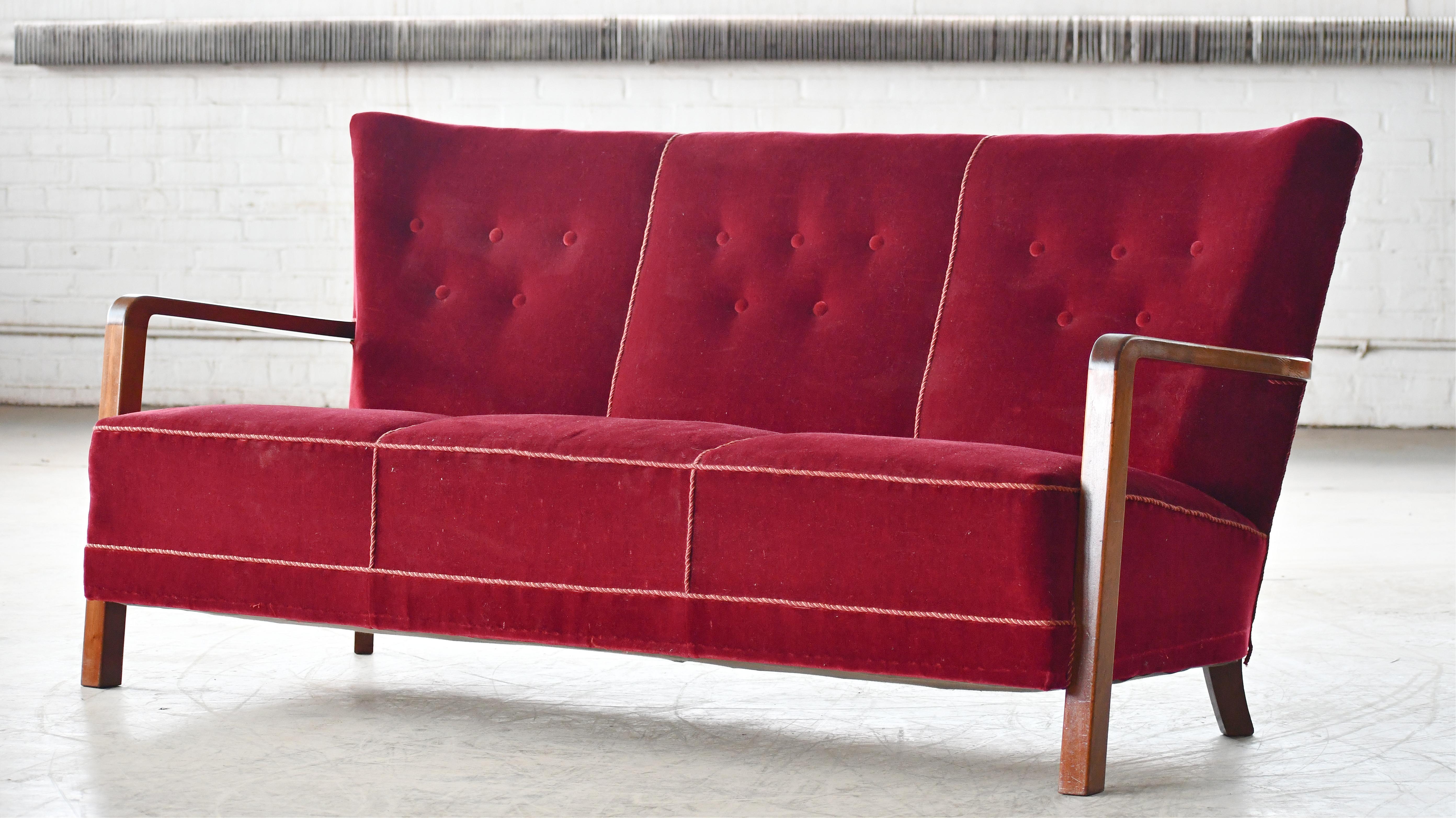 Wool Danish Art Deco or Early Midcentury Sofa with Open Wooden Armrests, 1930's For Sale