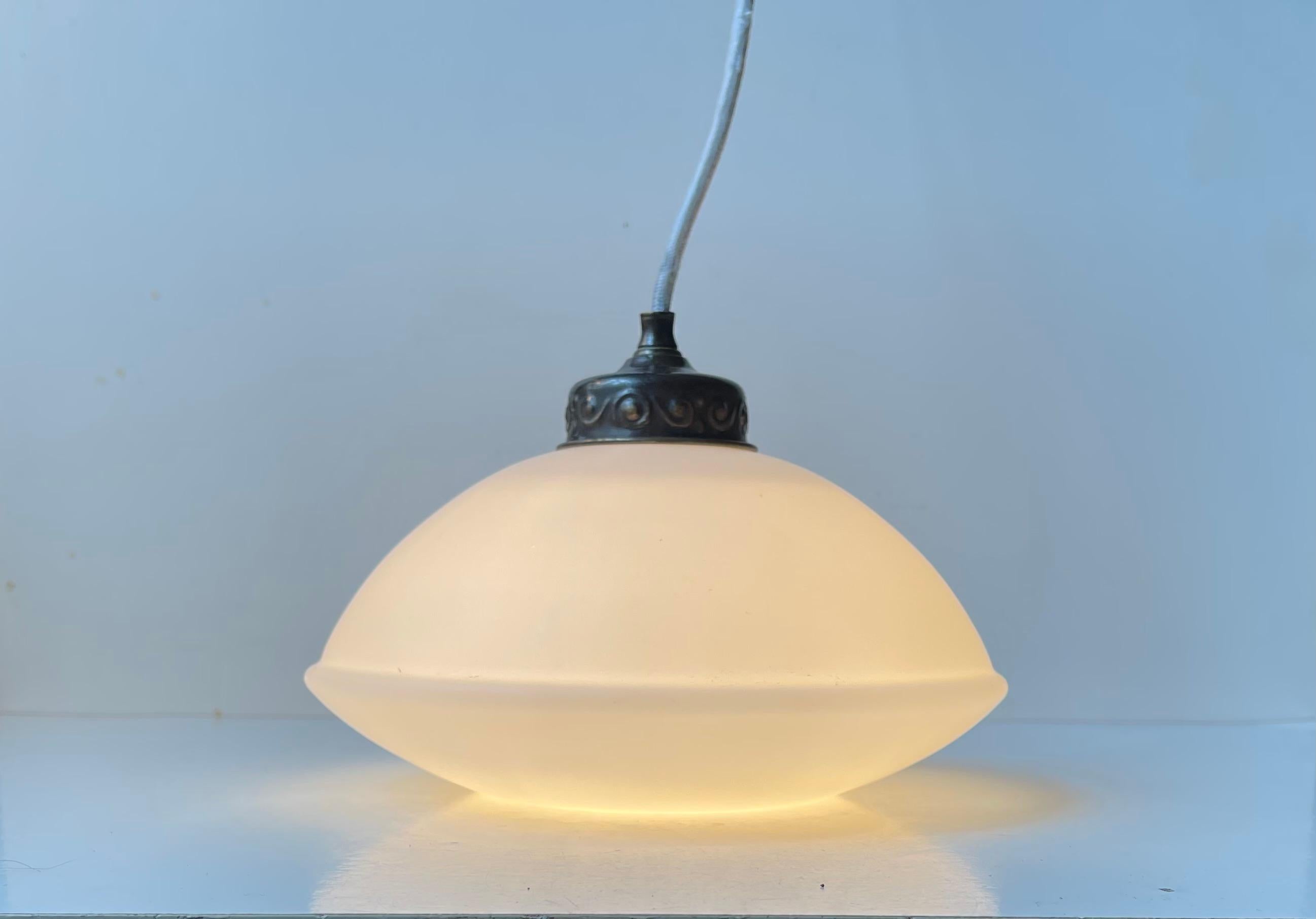 Mid-20th Century Danish Art Deco Pendant Lamp in White Opaline Glass, 1930s For Sale