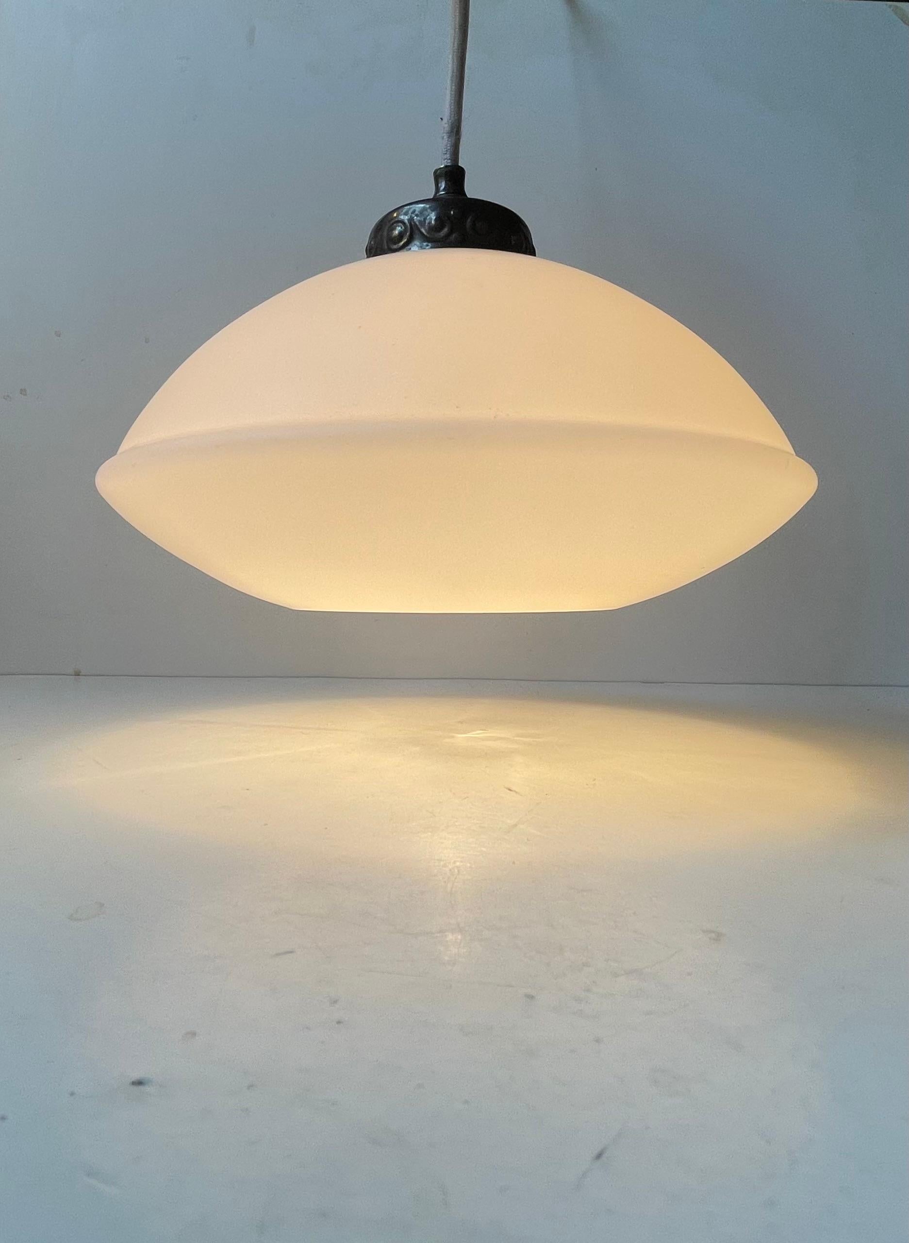 Danish Art Deco Pendant Lamp in White Opaline Glass, 1930s For Sale 1