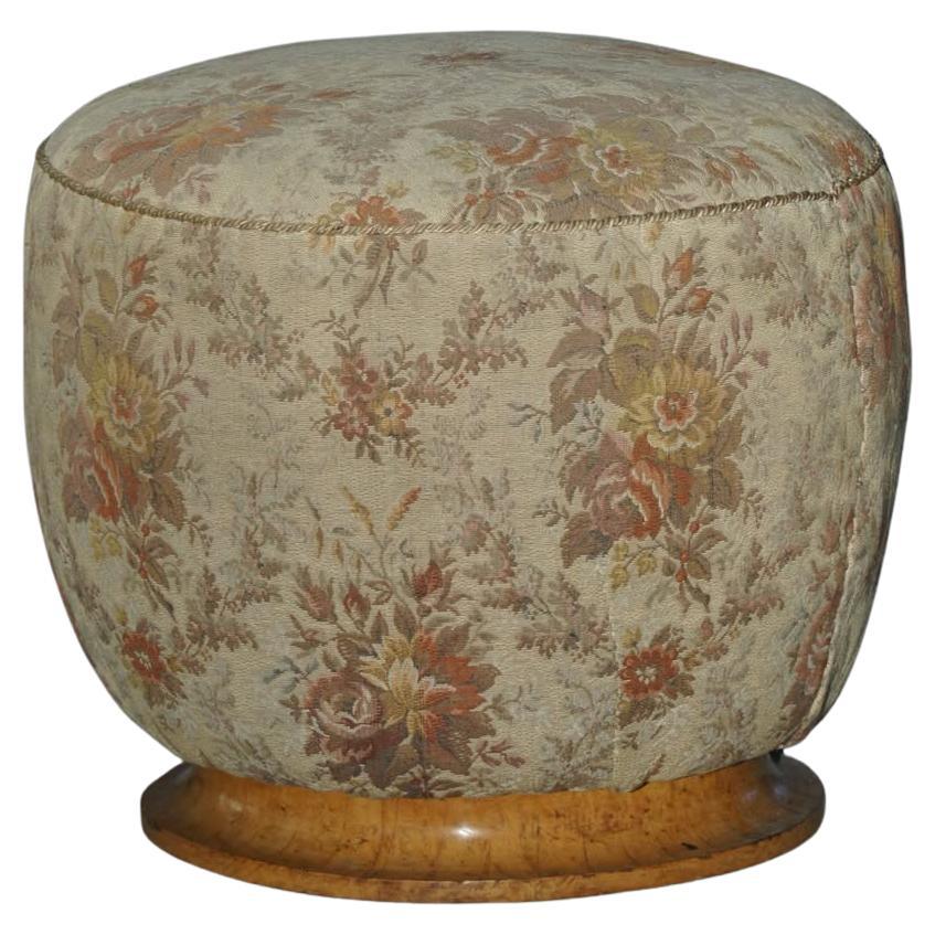Danish Art Deco, Sculptural Round Pouf/Stool in Fabric & Burl Wood, 1940s