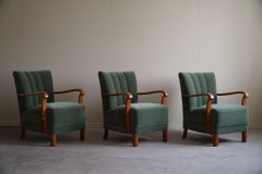 Danish Art Deco, Set of 3 Armchairs in Oak, Reupholstered in Green Mohair, 1930s