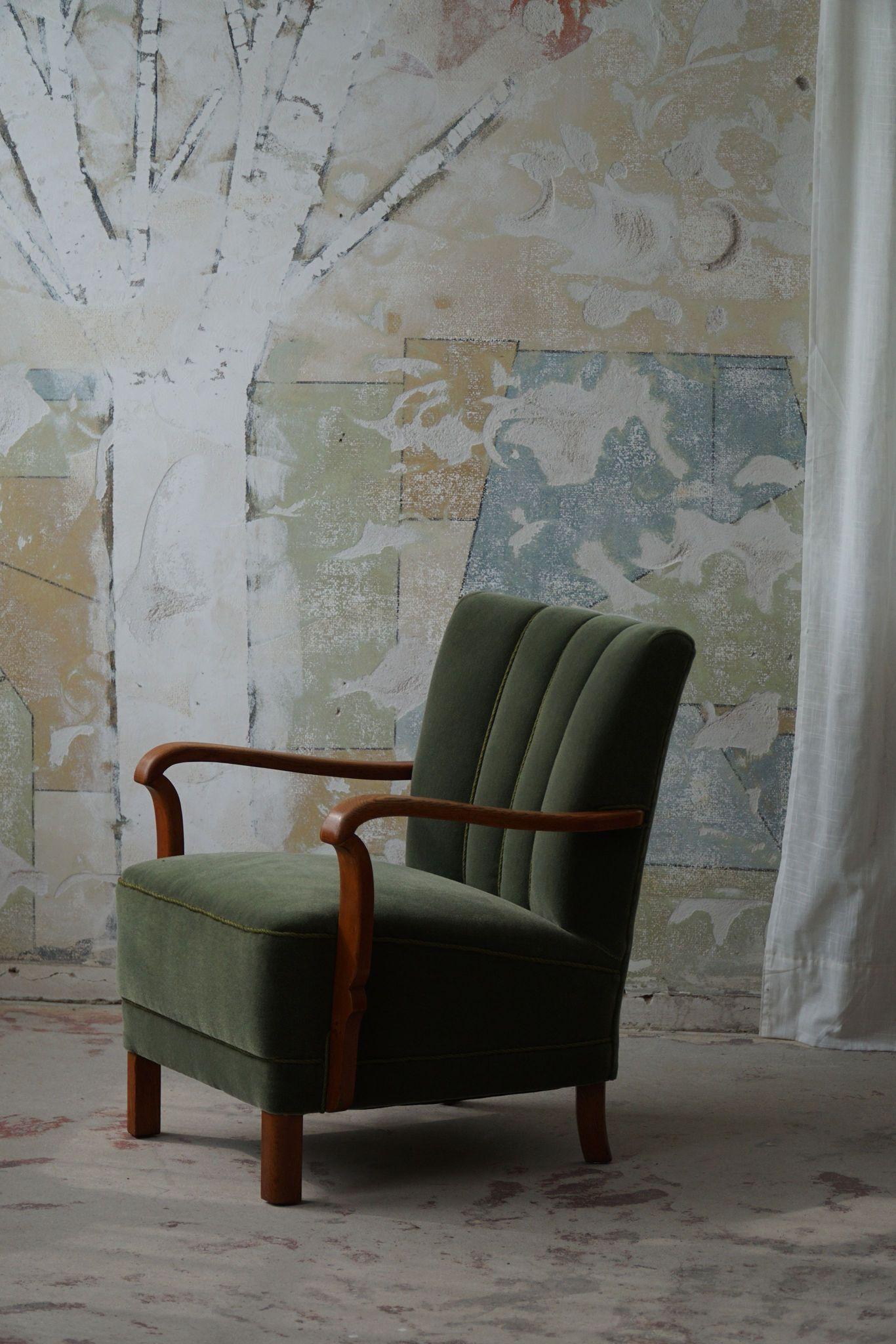 Art Decó danés, juego de 3 sillones de roble, retapizados en mohair verde, años 30 Mohair en venta