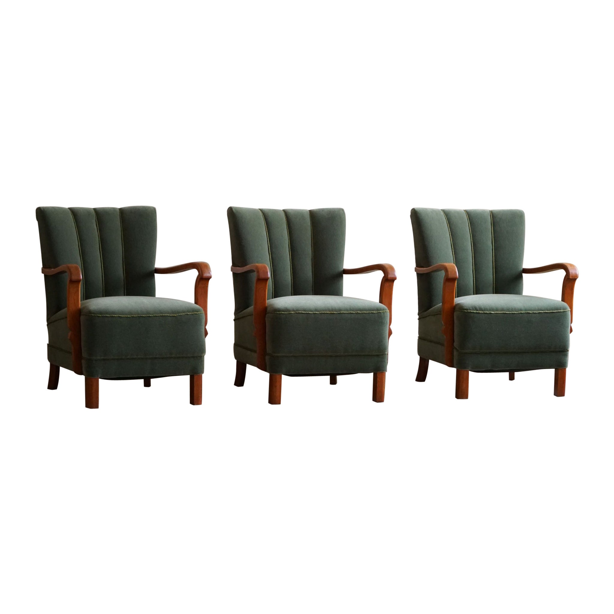 Ensemble de 3 fauteuils Art Déco danois en chêne, retapissés en mohair vert, années 1930