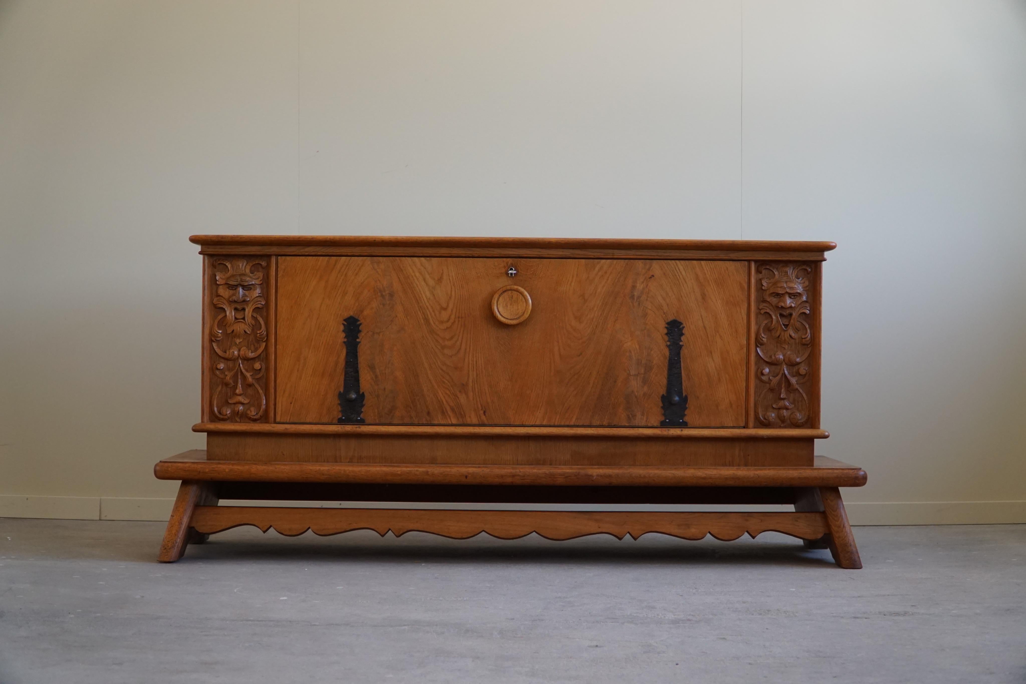 Mid-Century Modern Danish Art Deco Sideboard Credenza in Solid Oak, Early 20th Century For Sale