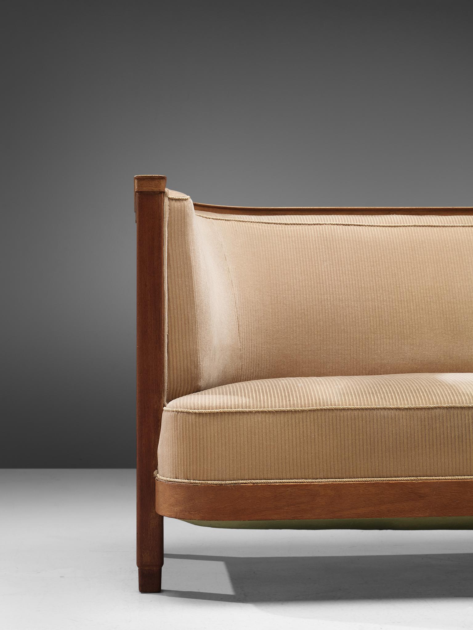 Oak Danish Art Deco Sofa with a High Back in Beige Corduroy