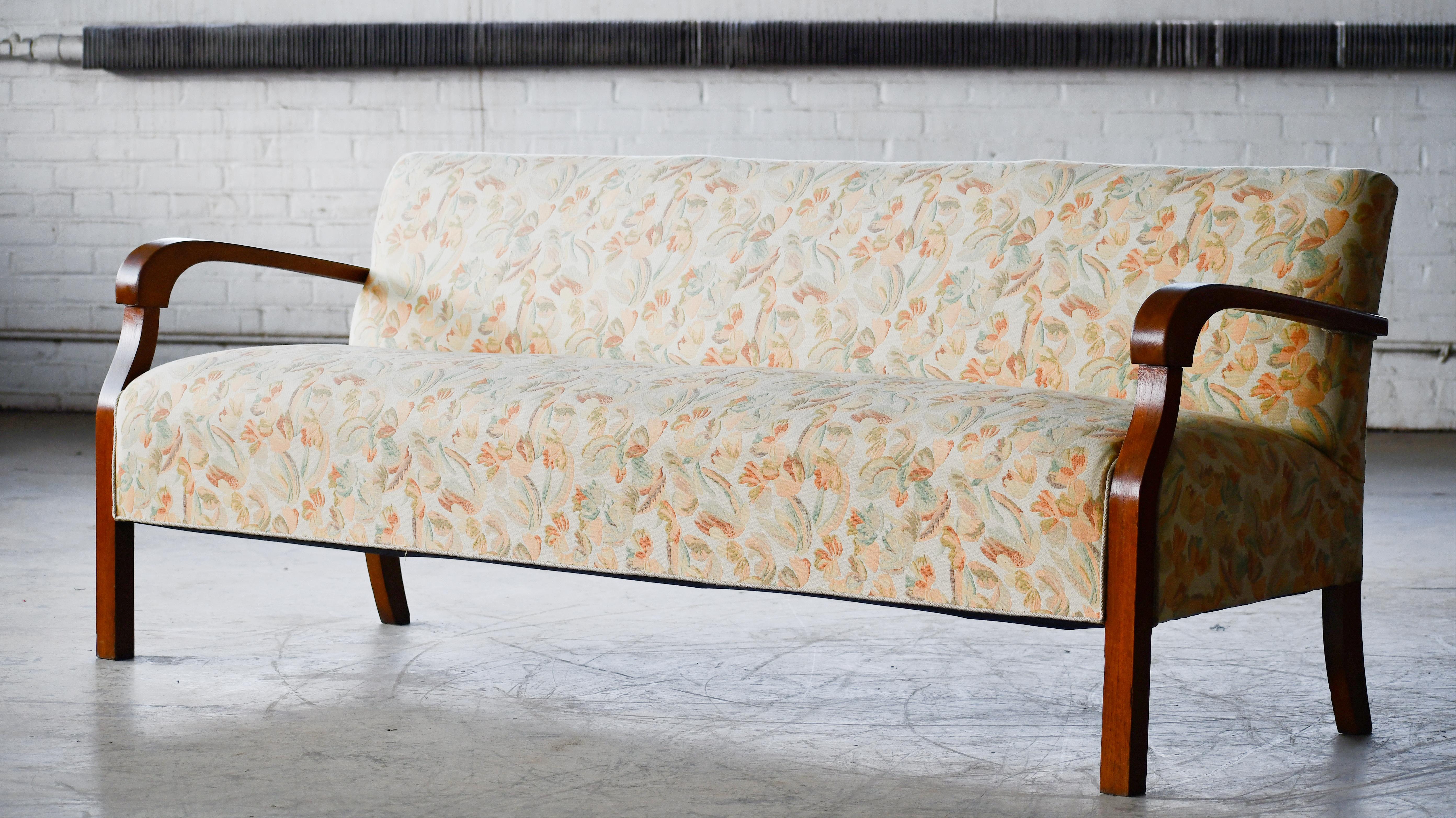Mid-20th Century Danish Art Deco Sofa with Open Wooden Armrests, 1930's For Sale