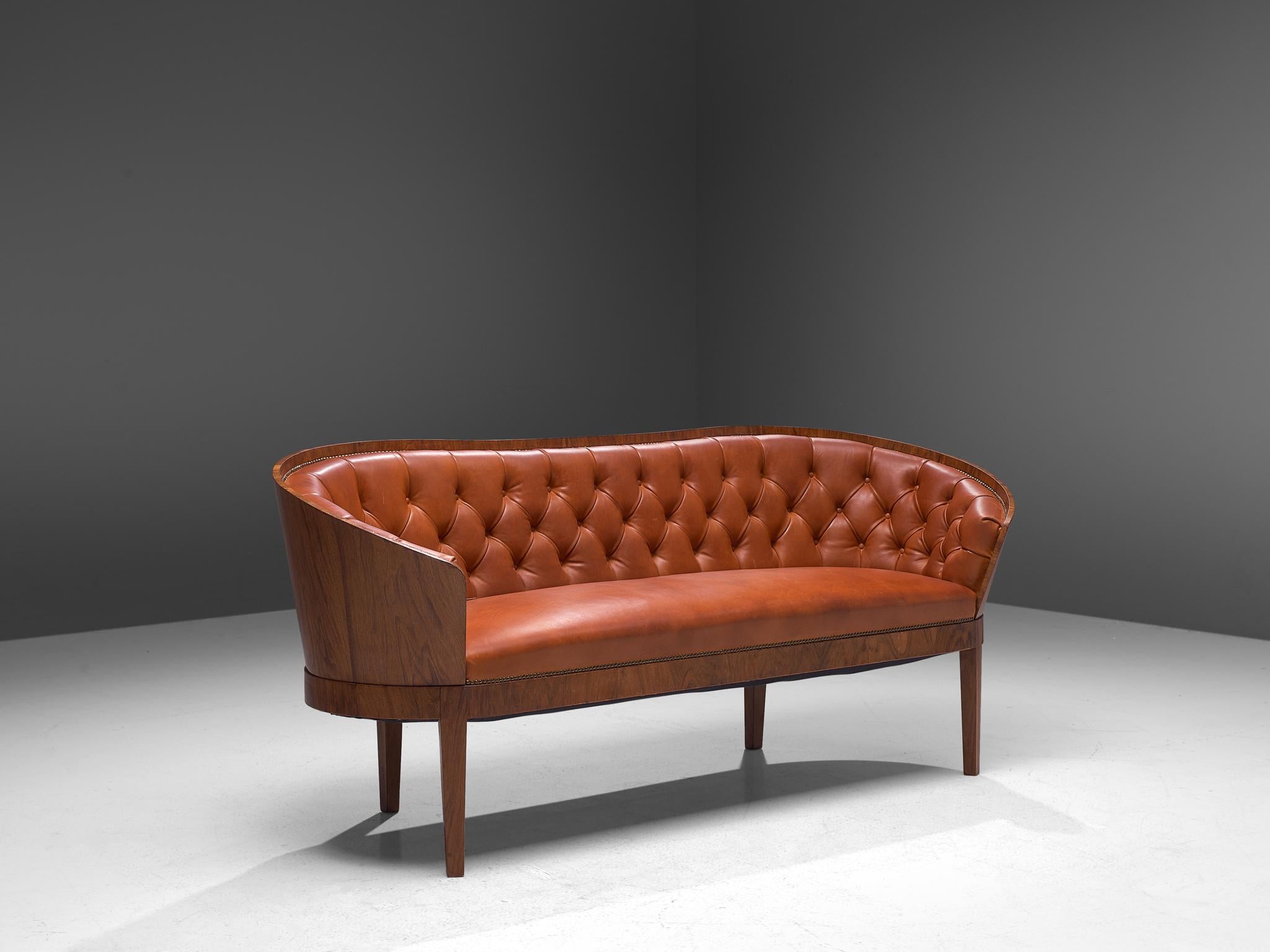 Danish Art Deco Sofa with Walnut Frame and Tufted Red Leather 2