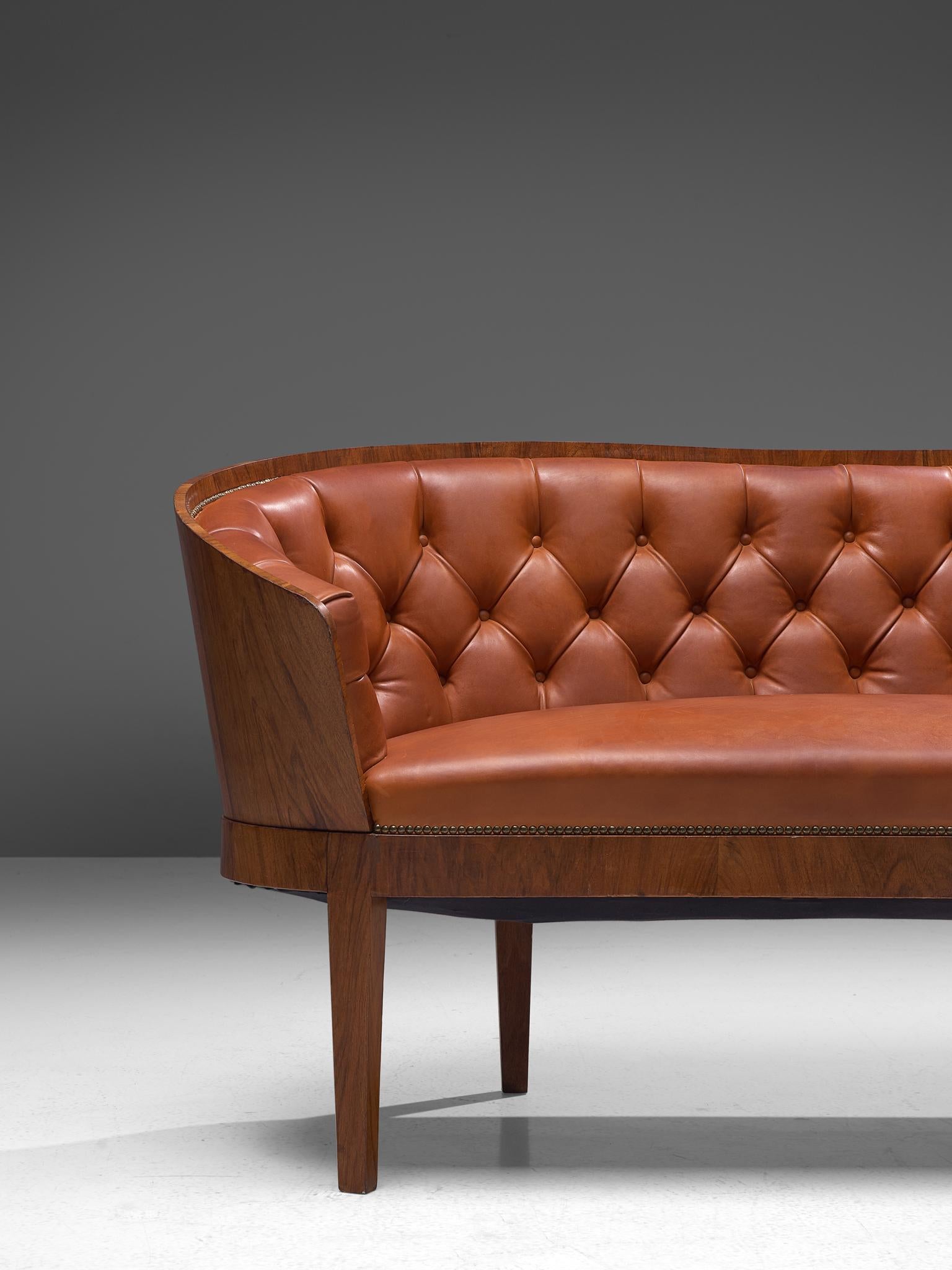 Danish Art Deco Sofa with Walnut Frame and Tufted Red Leather 3