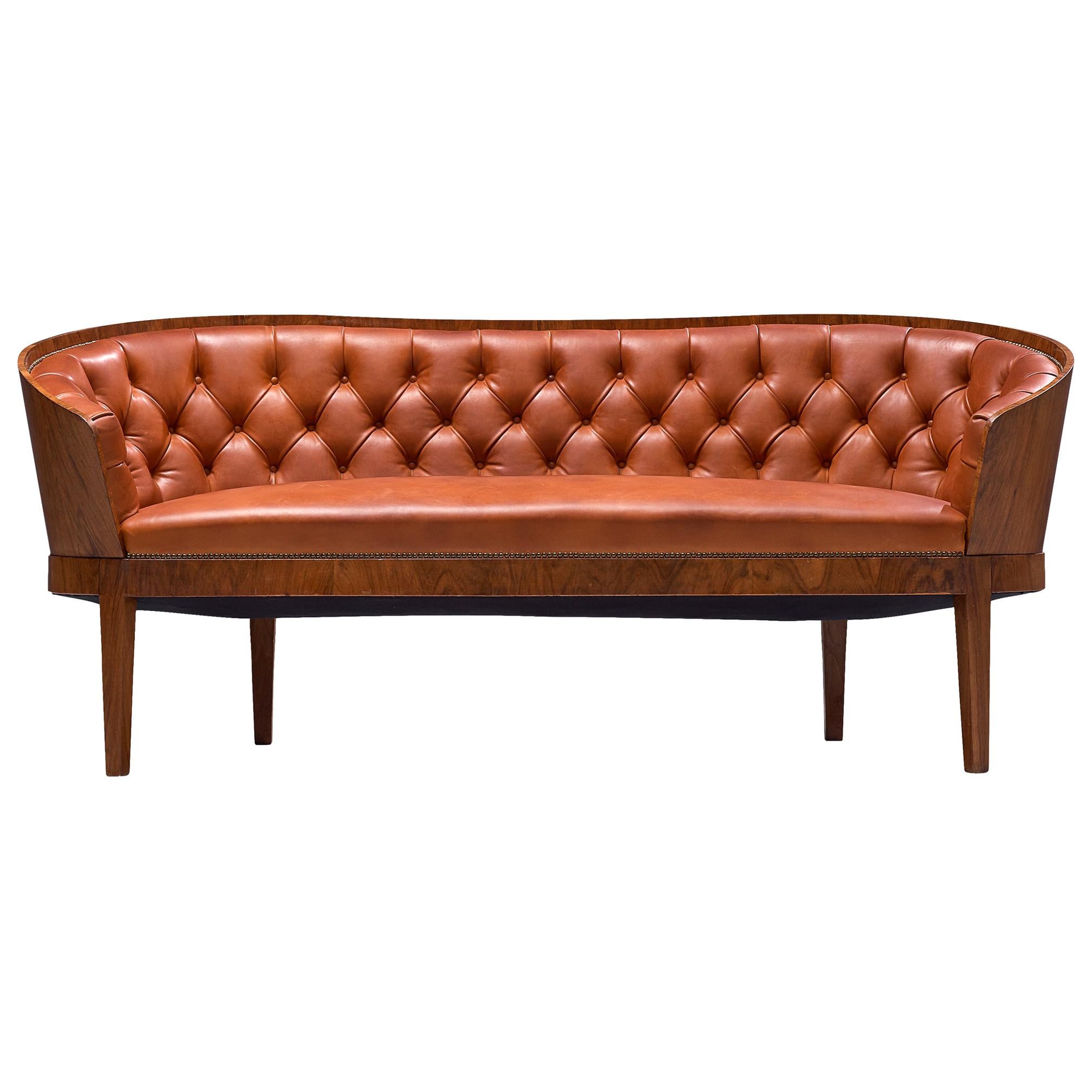 Danish Art Deco Sofa with Walnut Frame and Tufted Red Leather