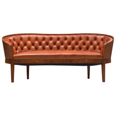 Danish Art Deco Sofa with Walnut Frame and Tufted Red Leather