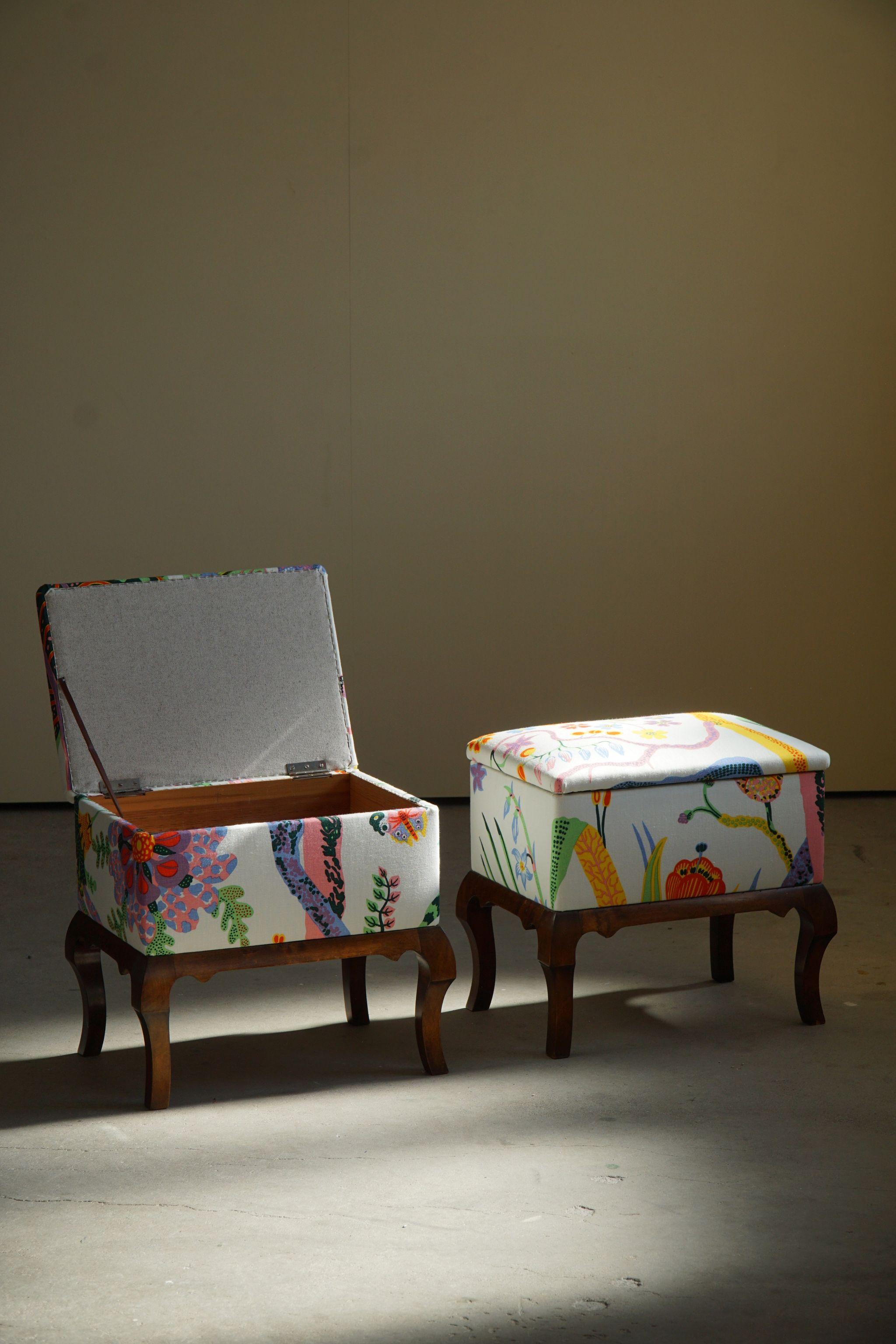 Danish Art Deco Stools, Reupholstered in Josef Frank Fabric from Svenskt Tenn 2