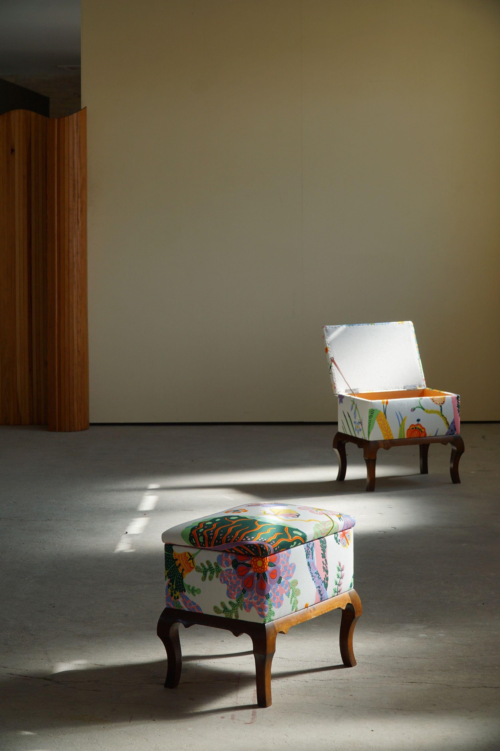 Danish Art Deco Stools, Reupholstered in Josef Frank Fabric from Svenskt Tenn 5