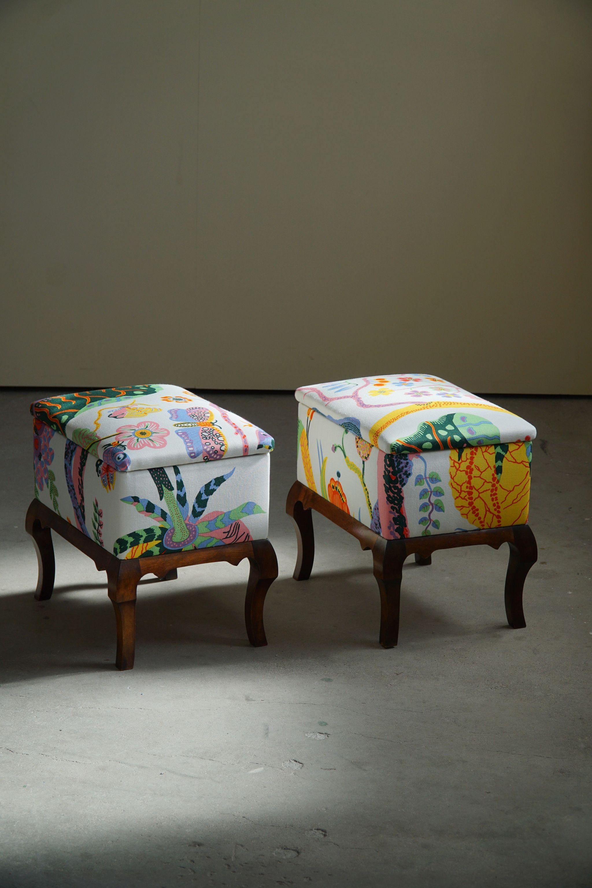 Danish Art Deco Stools, Reupholstered in Josef Frank Fabric from Svenskt Tenn 10