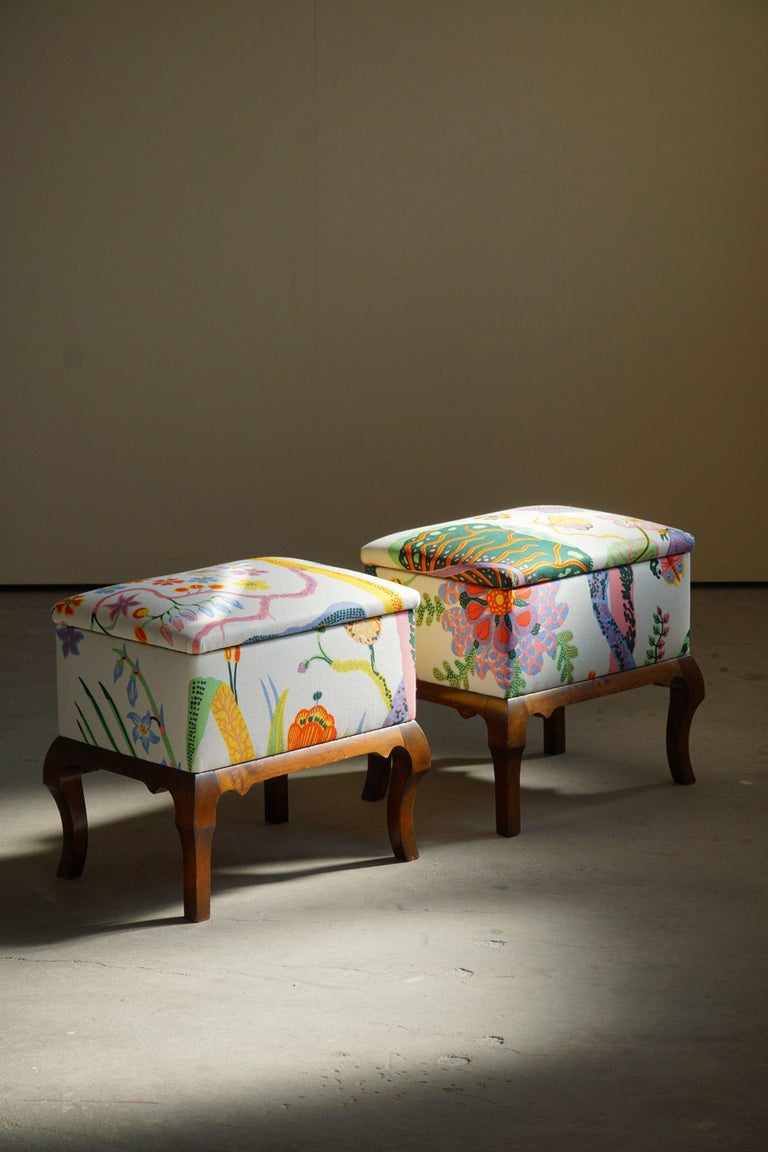 A wonderful pair of Danish Art Deco stools, upholstered in fine vintage fabric from Svenskt Tenn, model 