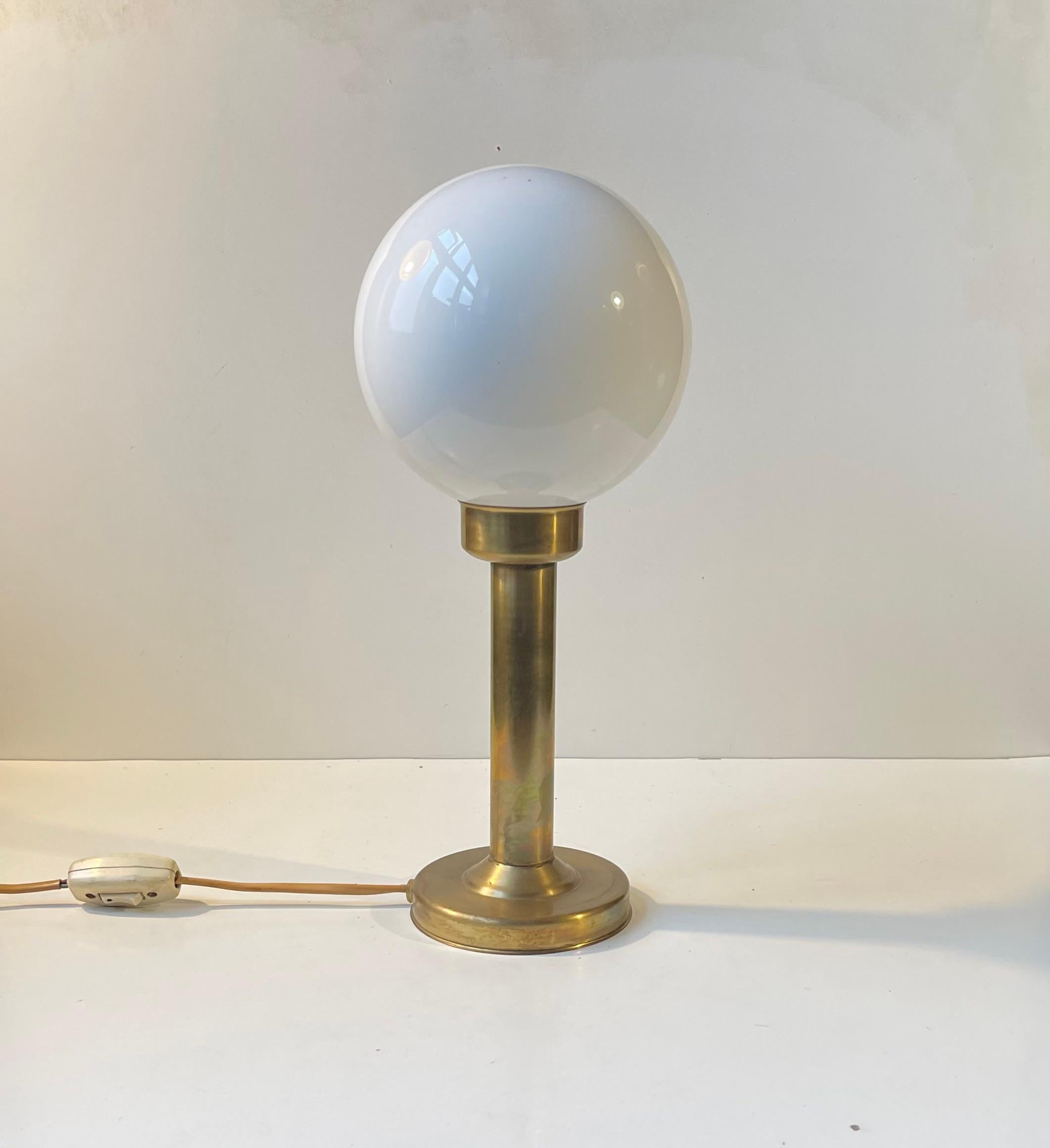 Danish Art Deco Style Brass Table Lamp With Opaline Glass Globe In Good Condition For Sale In Esbjerg, DK