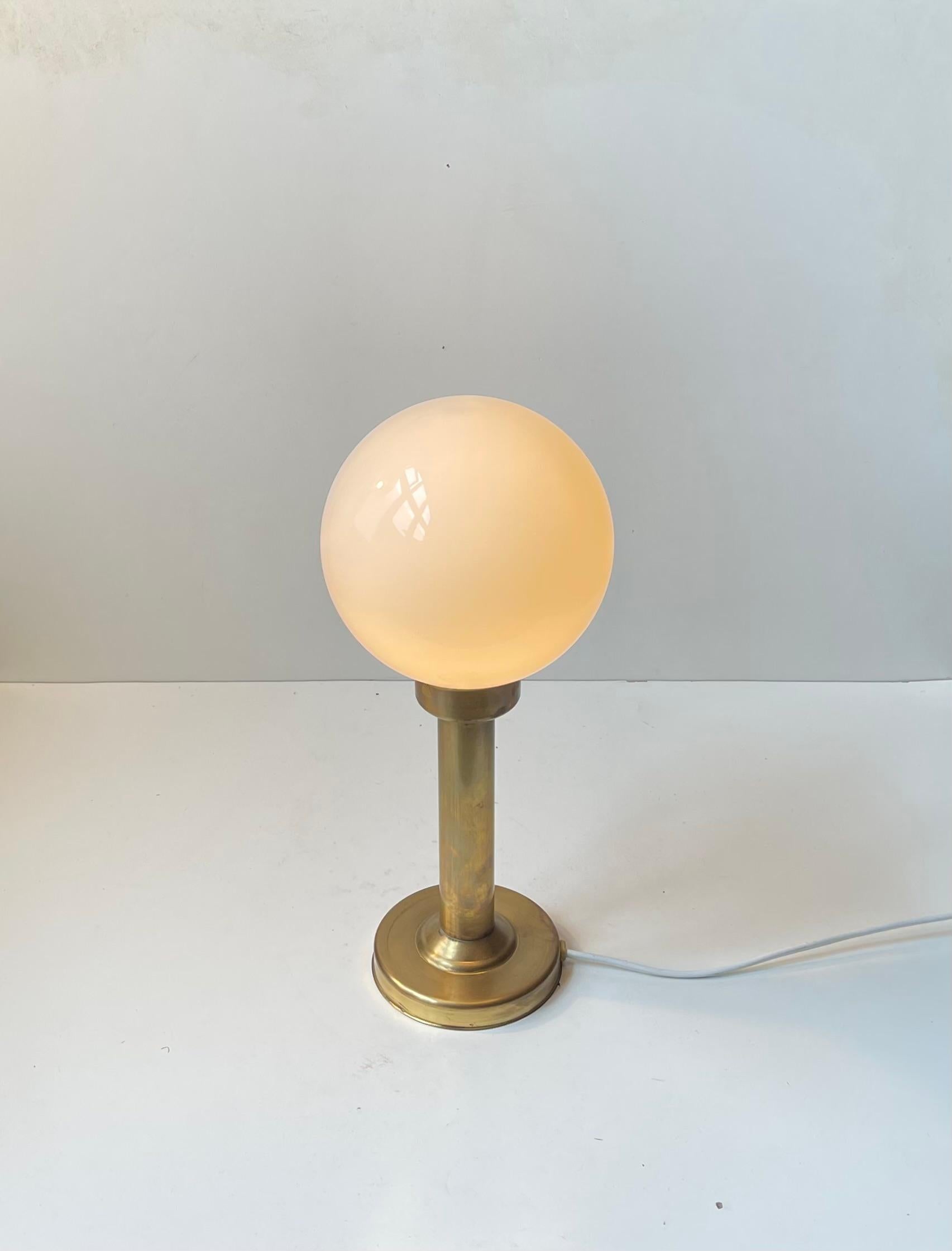 Late 20th Century Danish Art Deco Style Brass Table Lamp With Opaline Glass Globe For Sale