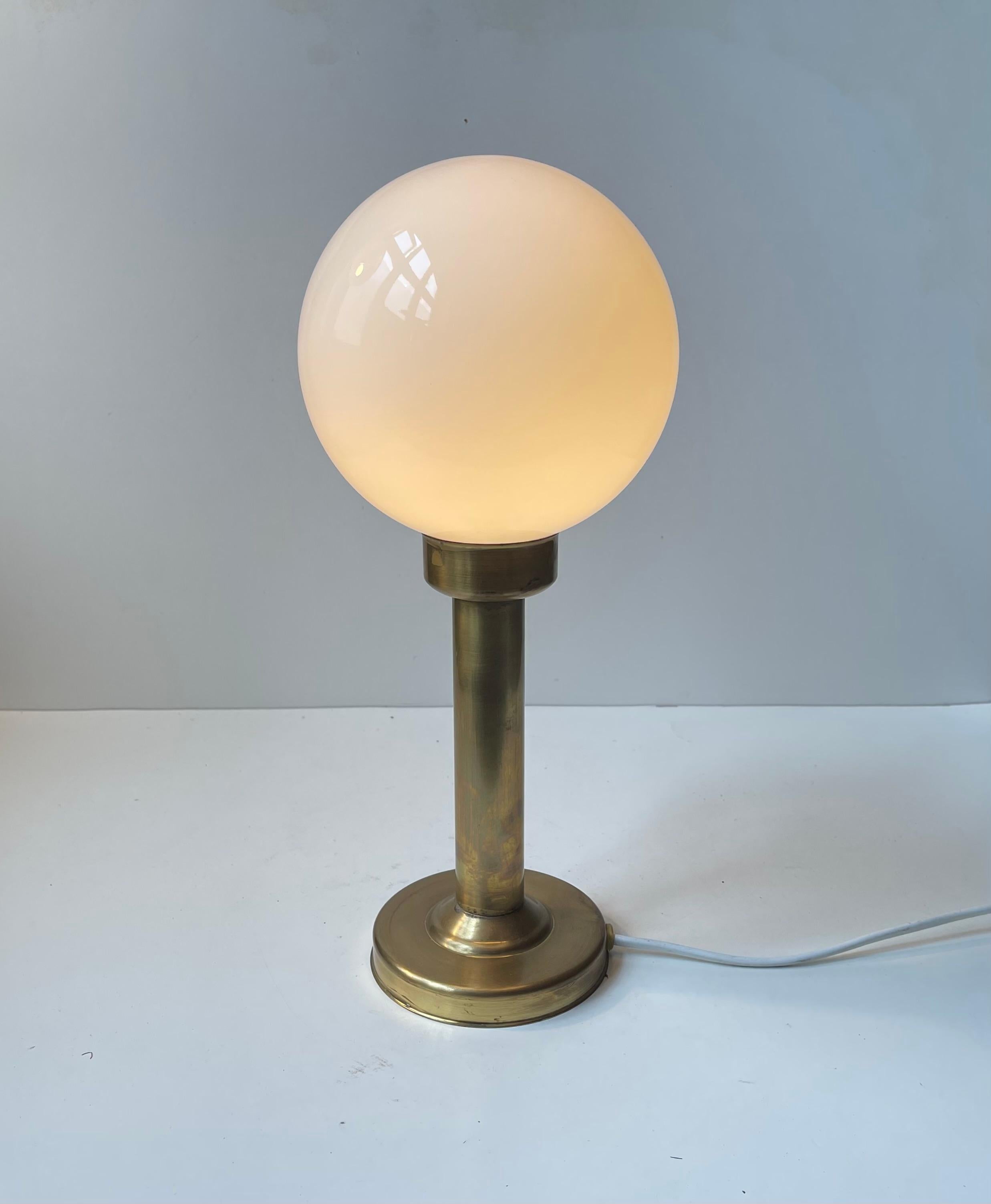Danish Art Deco Style Brass Table Lamp With Opaline Glass Globe For Sale 1